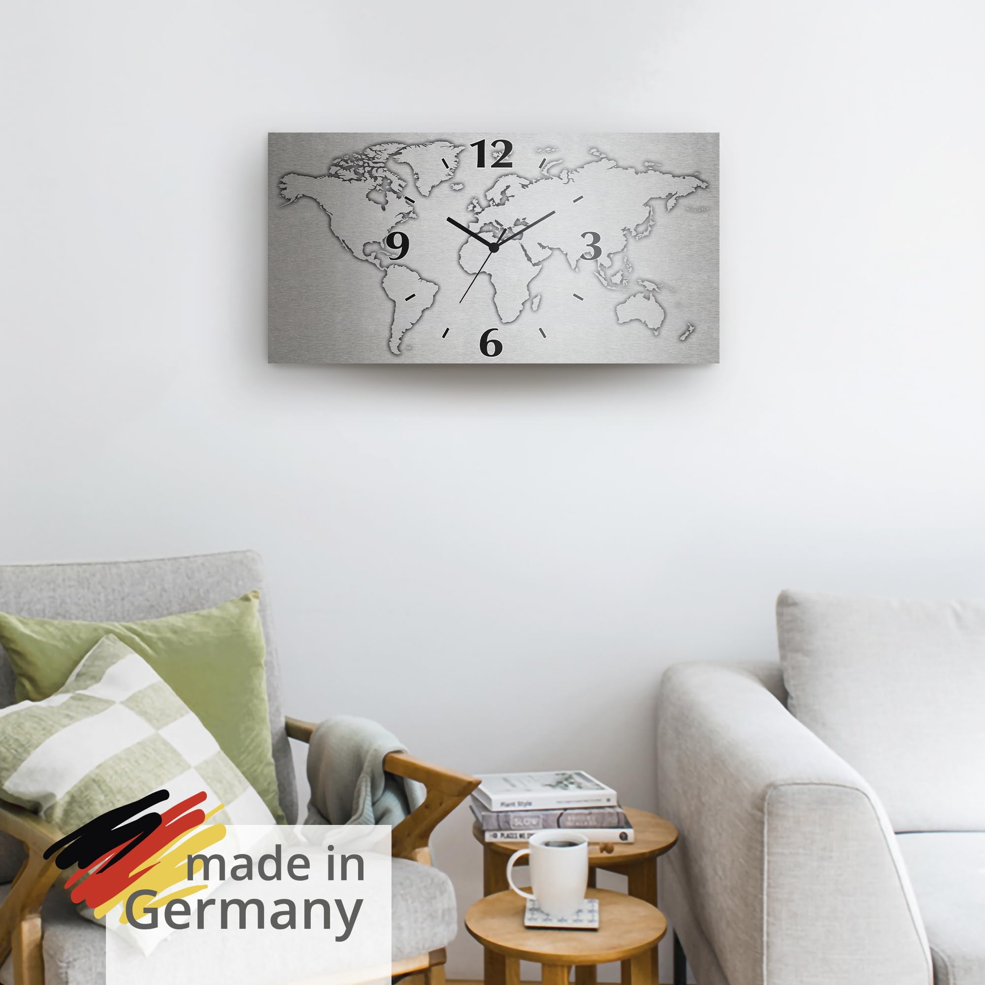ARTLAND Wanddeko Wanduhr ohne Tickgeräusche Alu Quarzuhr Silber metallic lautlos 60x30 cm Rechteckig Weltkarte Modern Karte Abstrakt Grau U1UN