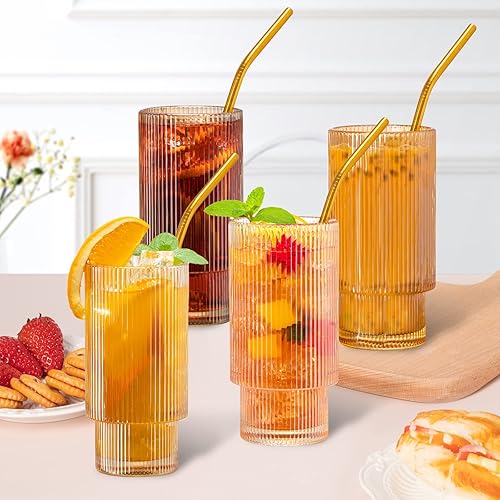 Miniatura 5 de Vasos de cristal acanalados vintage para beber  11 onzas de vidrio ámbar apilables estilo origami vasos de vidrio con rayas verticales acanaladas,
