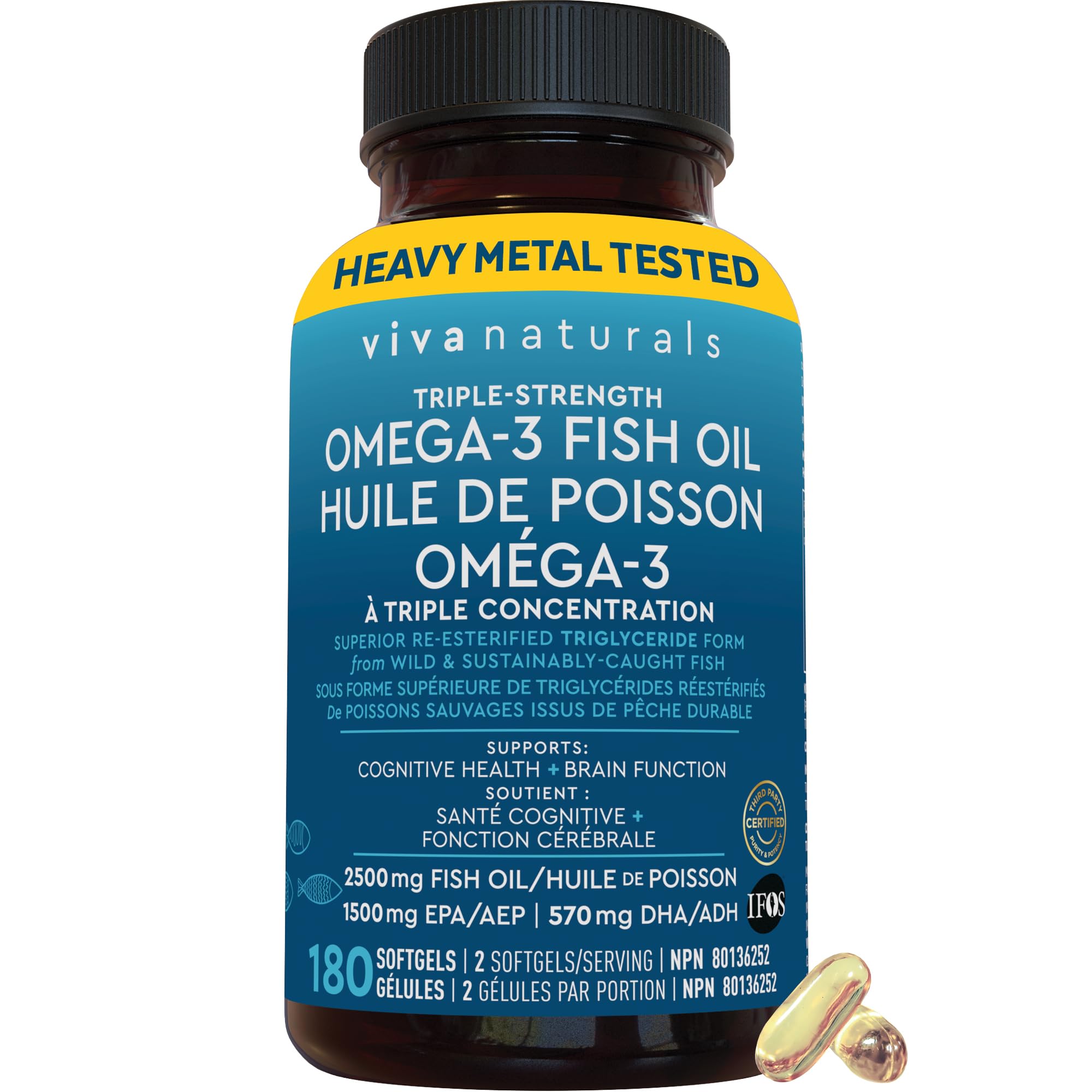 Fish Oil Omega 3 Supplements – 2500 mg High Potency Fish Oil with 1500 mg EPA & 570 mg DHA Omega 3 Fatty Acids in rTG Form for Better Absorption, No Fishy Aftertaste, IFOS Certified, 180 Softgels