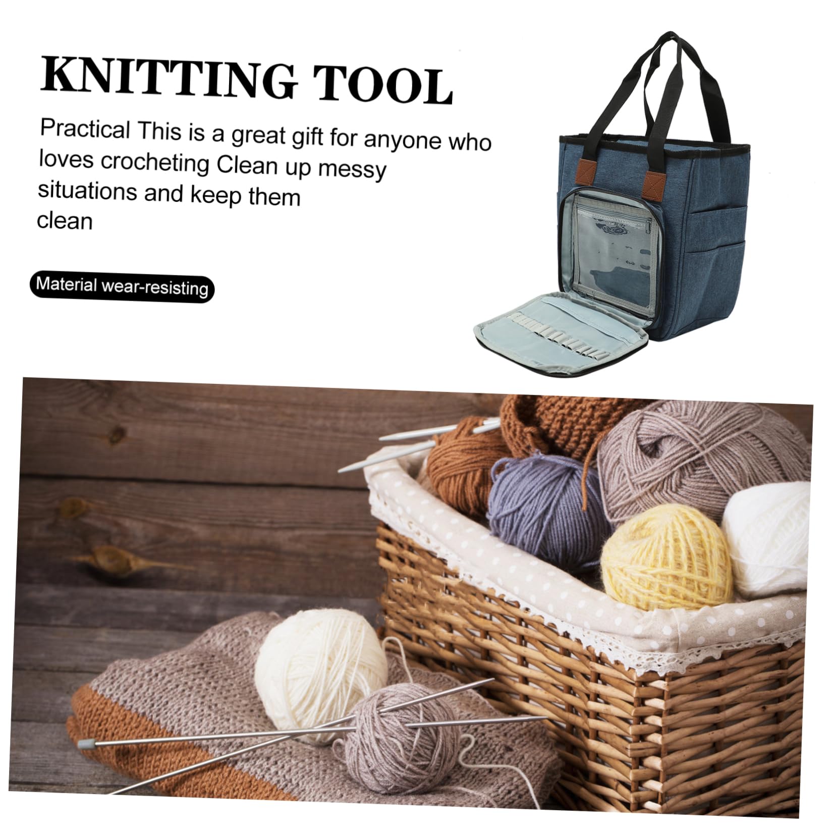 SHINEOFI Garnstricktasche für Strickutensilien 600d Oxford Gewebe Leicht Blau Aufbewahrung für Häkelhaken und Kreuzstich Satz