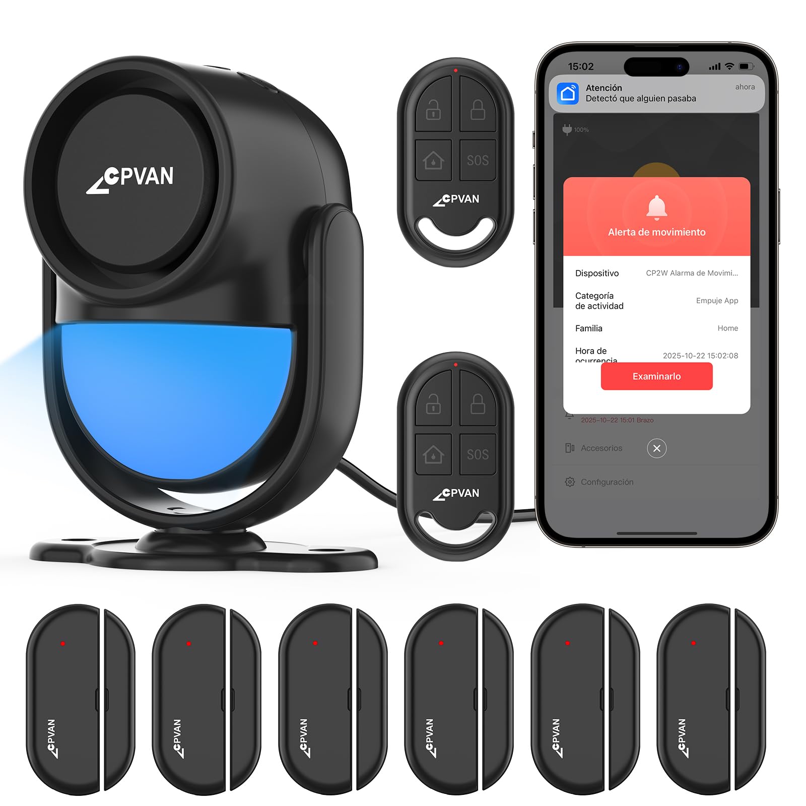 CPVAN Alarmas para Casa, 2.4GHz WiFi PIR Sensor de Movimiento de Alarma, Sistema Antirrobo Inalámbrico Puerta/Ventana para la Seguridad del Hogar con el Teléfono App de Alerta (Negro 1+2+6