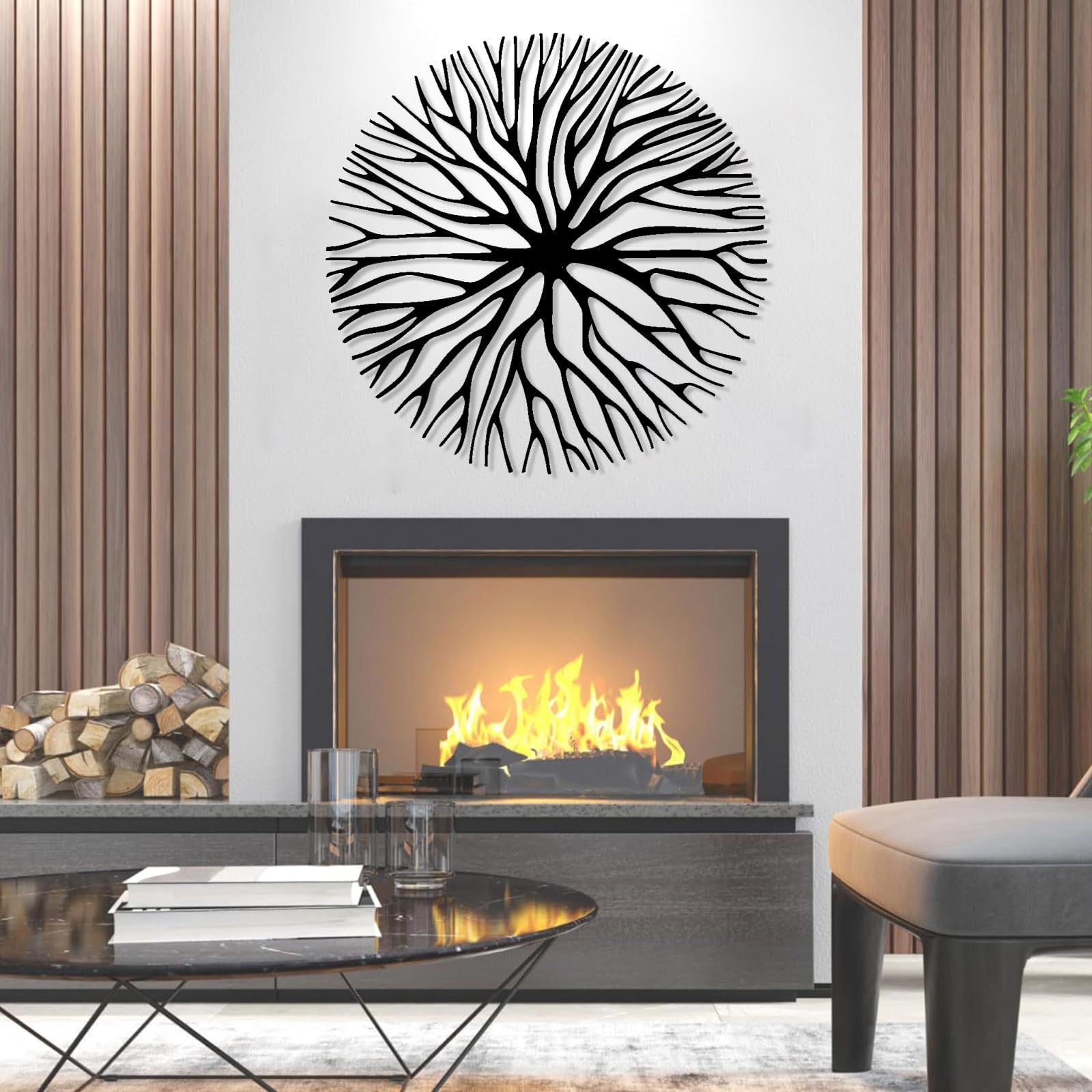 Współczesna abstrakcyjna metalowa dekoracja ścienna drzewo rodzina w okrągłej gałęzi znak formuła, konieczność do salonu i sypialni (czarny, 70 x 70 cm)