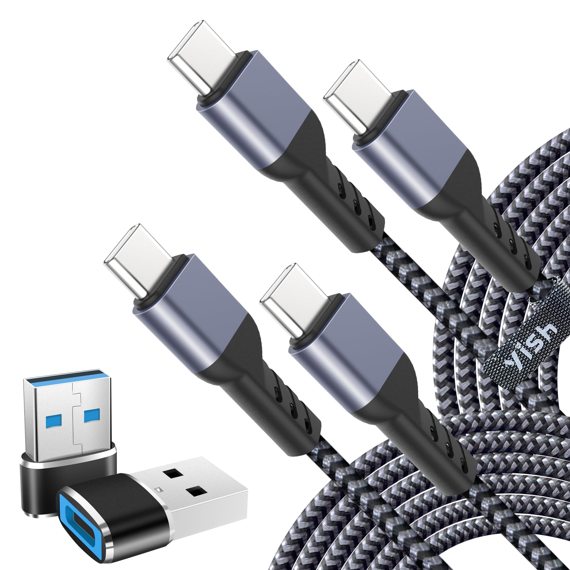 YISH USB C Cable with Adapter：65W 3A Charging Cord Fast-Charging-Cable 6.6ft/2m 2Pack Nylon Data-Cable USBC to USB-C with Adapter Compatible with