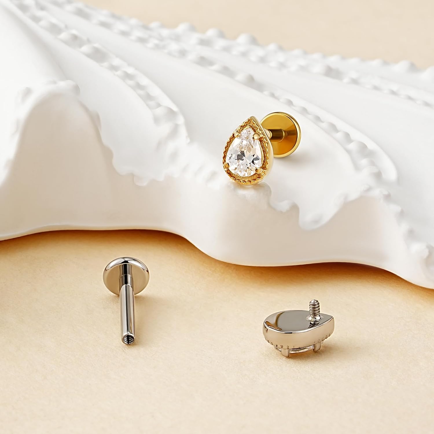 FINE4U 1PC Pear Teardrop Piercing Jewelry 16G 6mm 8mm - ASTM F136 Titanium Internally Threaded Flat Back Stud Cartilage Earring for Conch Helix Tragus Flat image 4