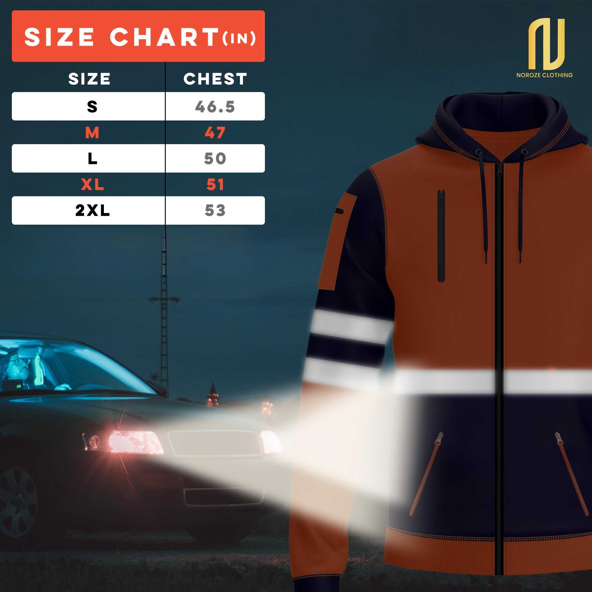 NOROZE Sudadera Alta Visibilidad Hombre con Capucha y Cinta Reflectante Cremallera Completa