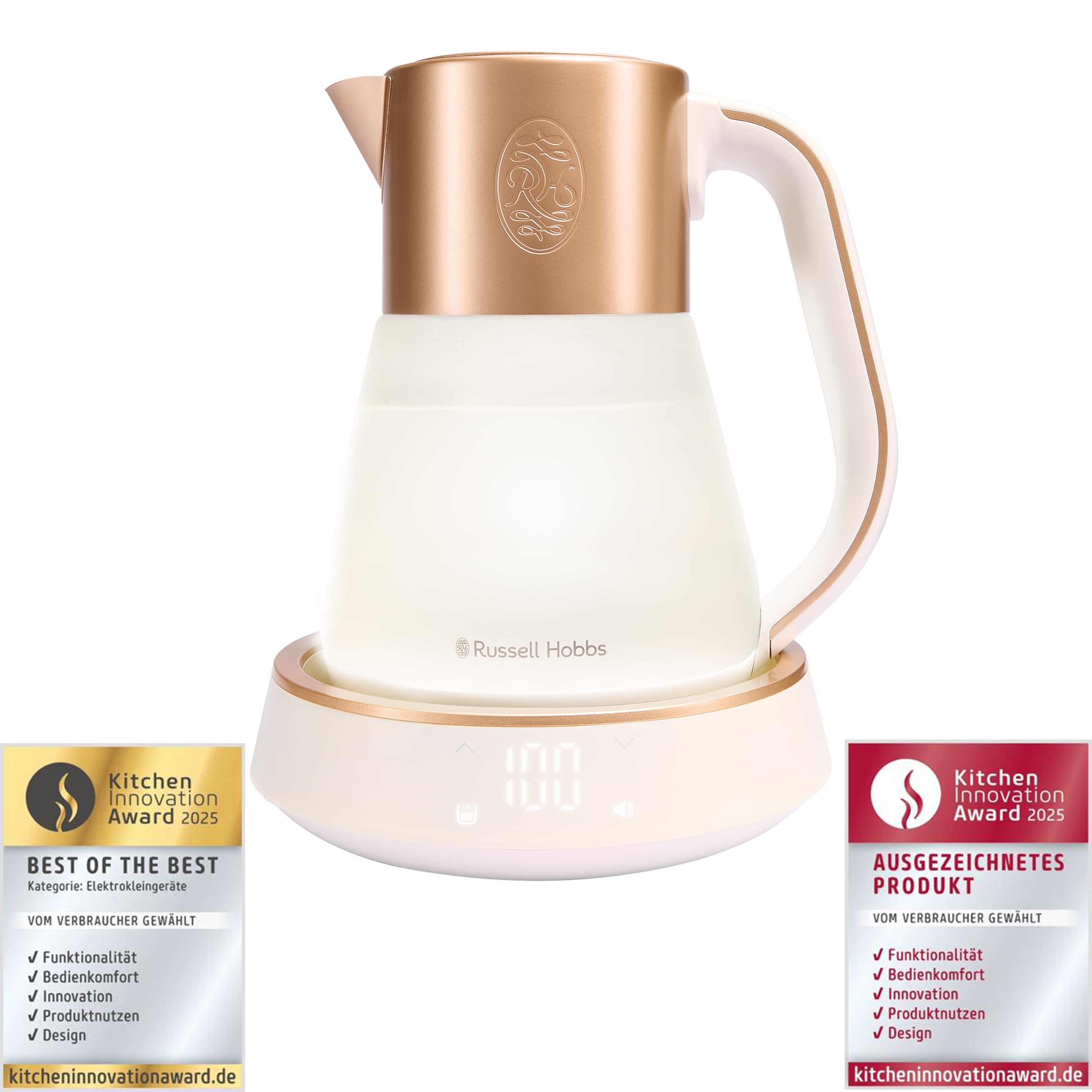 Russell Hobbs Wasserkocher Glas [1,7L, Temperatureinstellung 40-100°] Calm (LED-Beleuchtung, beruhigende Klänge, Leise-Koch-Technologie,Warmhaltefunktion,Digitaldisplay,Touch-Bedienung,2400W) 27450-70