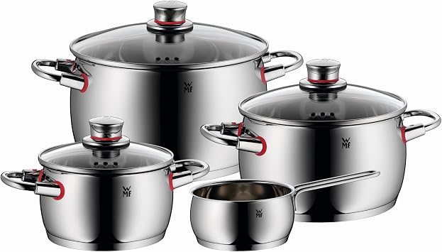 WMF Cookware Set 4-Pieces Quality One Vapor Hole Glass Lid Cromargan Stainless Steel Brushed Suitable for All Stove Tops Including Induction Dishwasher-Safe