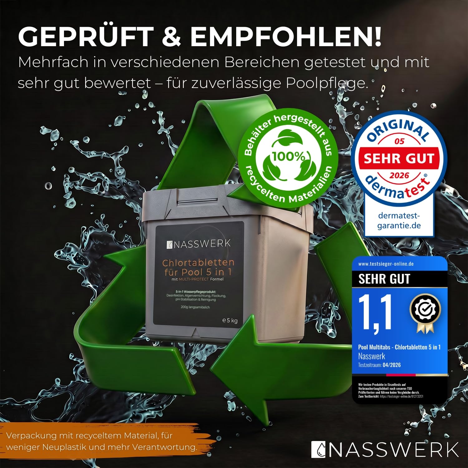 NASSWERK Chlortabletten für Pool 5 in 1 (5kg) | 200g Pooltabs Multitabs 5 in 1 mit Chlor, Algizid, pH Stabilisator, Flockungsmittel & Reiniger | Langzeit Multitabs Pool 200g für optimales Poolwasser