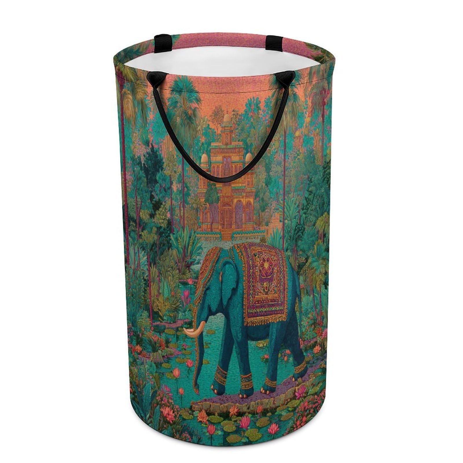 LUYYSKY Fantasy Abstract Indian Elephant Versatile Storage Laundry Basket, Vintage Bohimian Castle Animal Elephant Lotus Flowers Palm Tree Large Bathroom Hamper With Handle-40 CM Dia, 69 CM High