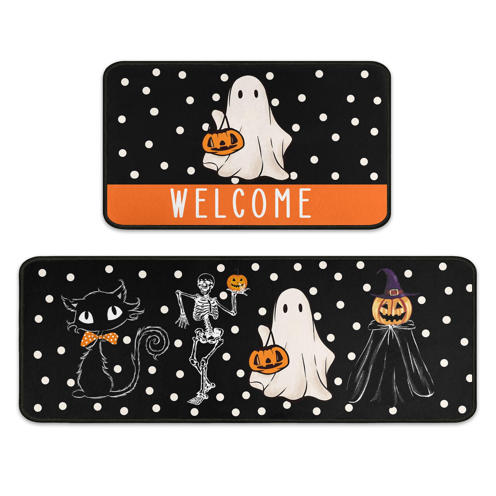Halloween Welcome Kitchen Rugs Set of 2, Halloween Decorations Non Slip Backing Black Cat Pumpkin Ghost Skull Kitchen Mats for Floor Holiday Rug Halloween Decor for Home 17"X47"+17"X30"