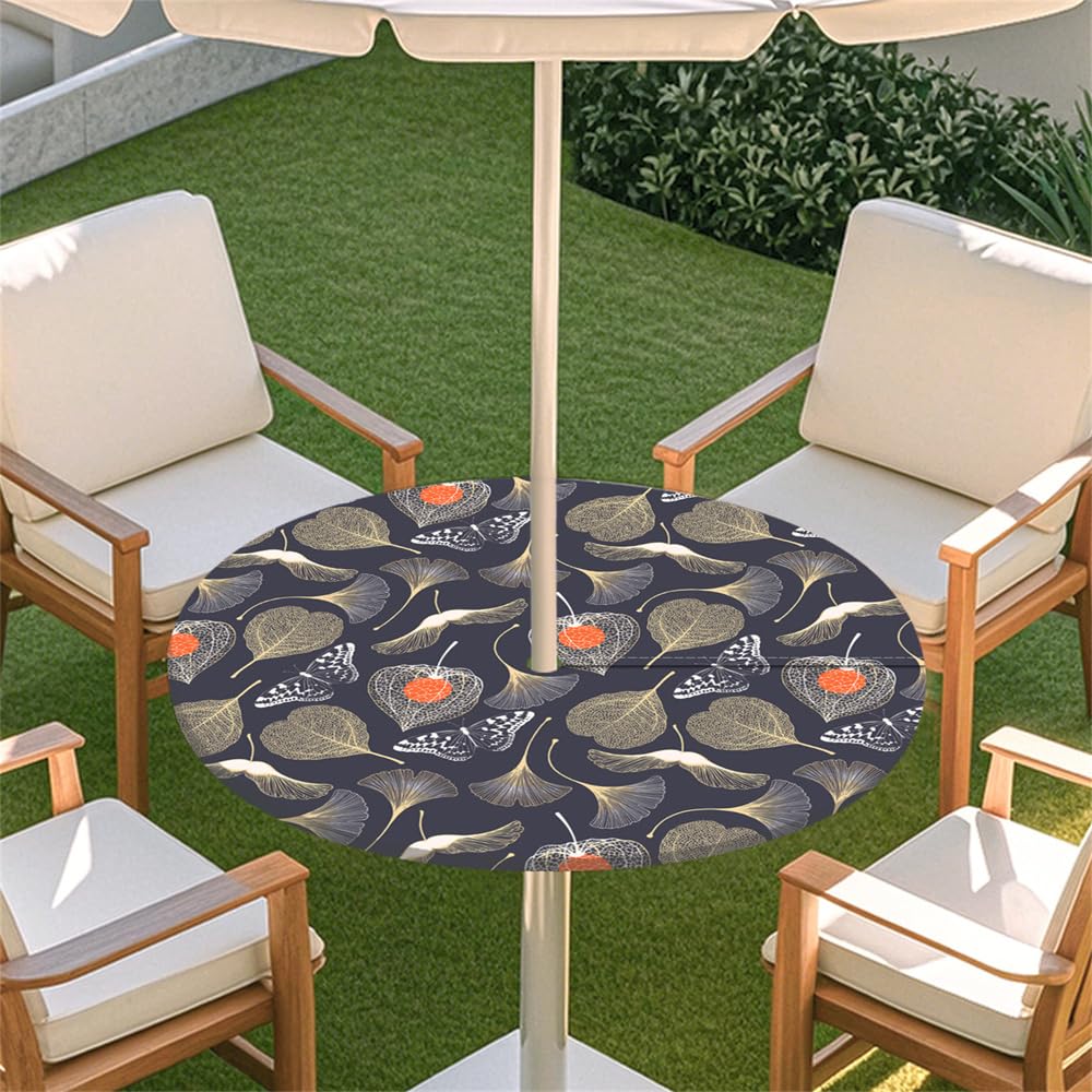 Surwin Outdoor Round Tablecloth with Parasol Umbrella Hole Zipper, Elastic Edge Fitted Protector Round Table Cloth Waterproof Wipe Clean Table Cover for BBQ Party -Floral (Dark Gray,L(114-137cm)