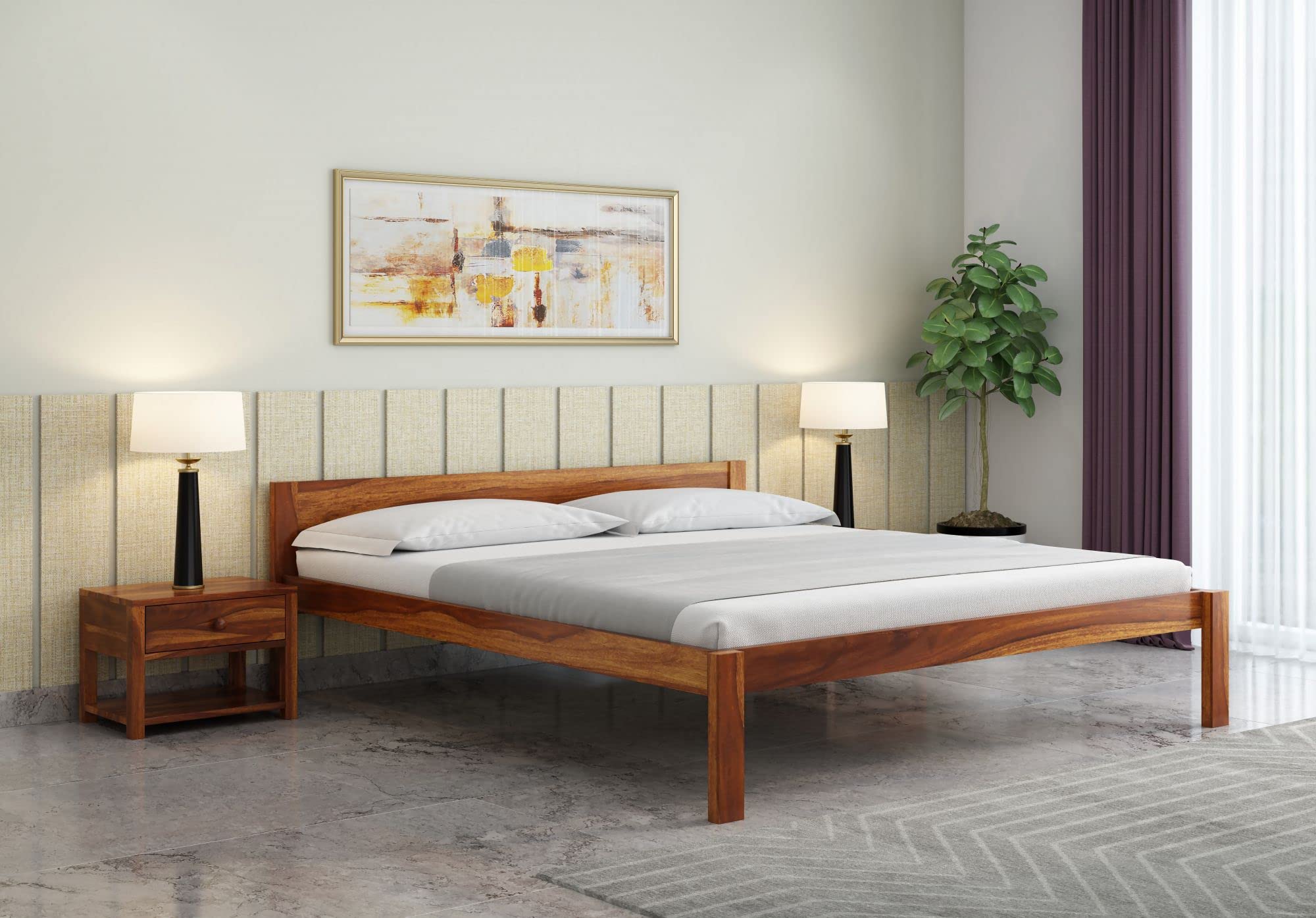 Sheesham Wood Queen Size Bed for Bedroom Living Room | Solid Wood Platform Bed Without Storage for Hotel | Rosewood Palang Cot | Double Bed| Honey Finish-image-44