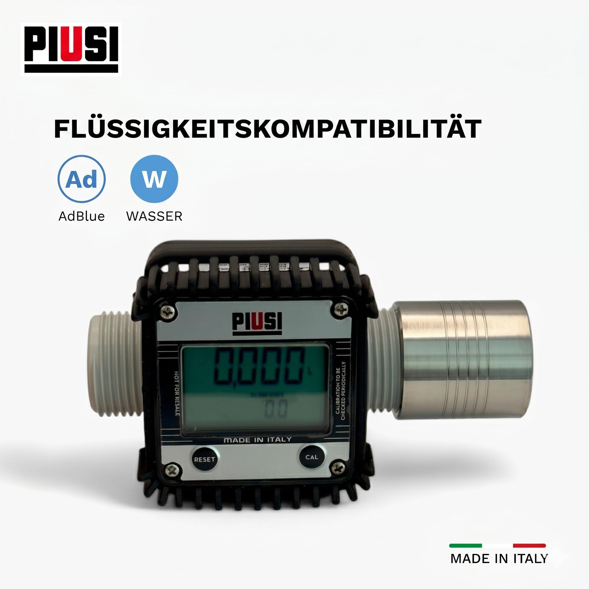 Piusi Digitales Turbinen-Durchflussmessgerät für Adblue/Wasser mit Anzeige für Durchflussraten bis zu 120 l/min, Druck 10 bar, Anschluss M/F 1” BSP und 4-Richtungen drehbares Display | K24 F0040710A