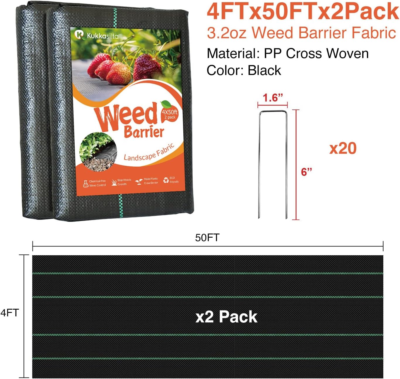 4ftx100ft Weed Barrier Landscape Fabric Heavy Duty, Premium 3.2oz Gardening Weed Control Mat, Ground Cover for Gardening, Farming with 20 U-Shaped Securing Pegs