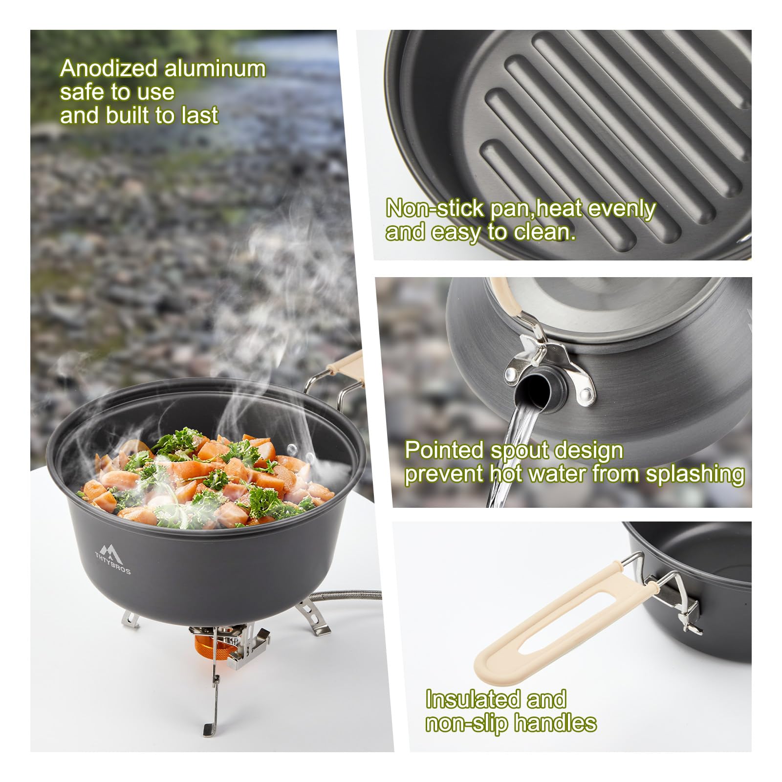 THTYBROS 17-teiliges Camping-Kochgeschirr-Set, 1,2 l Topf, 17,8 cm Pfanne, 0,3 l Wasserkocher-Set mit 2 Edelstahlbechern, Tellern, Gabeln, Messern, Löffeln zum Wandern