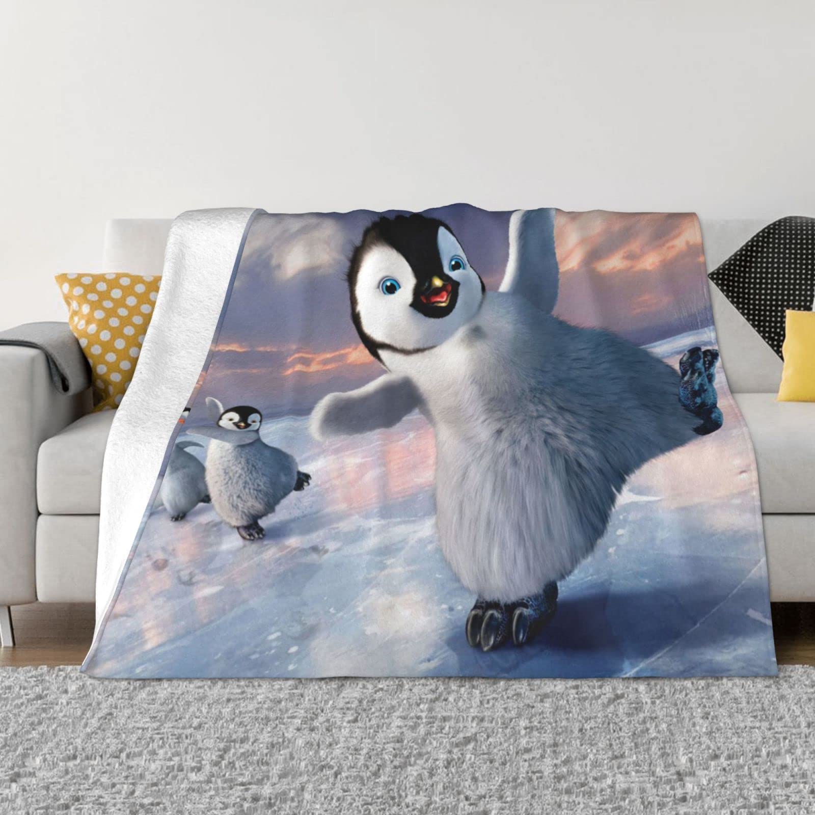 Couverture en flanelle Happy Penguin plaid anti-peluche chaud contre le froid du canapé
