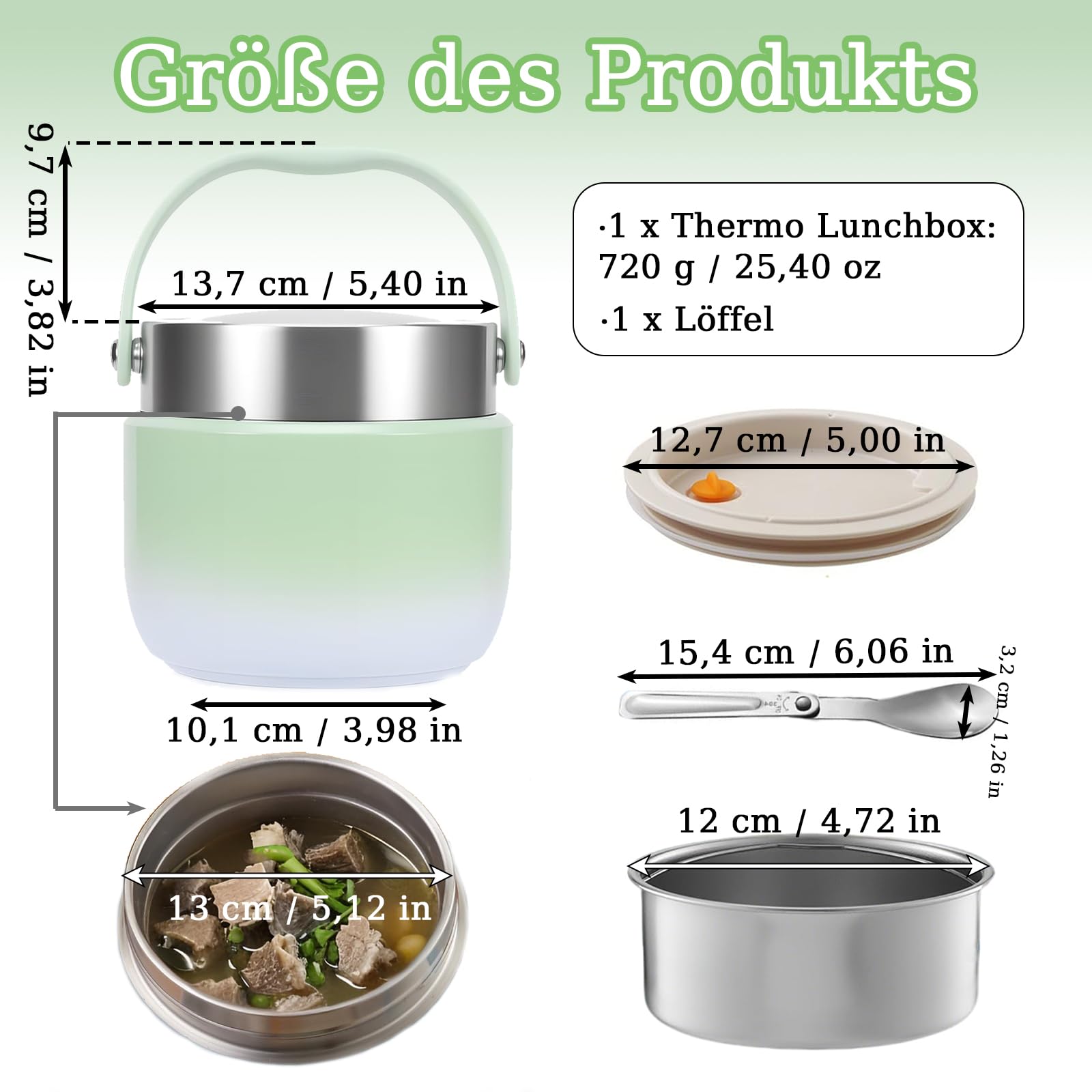 Contenitore Termico per Alimenti, Thermos per Alimenti 1200 ml, con Cucchiaio Pieghevole, Grande Capacità Contenitore Termico di Acciaio Inossidabile, per Campeggio, Palestra, Verde