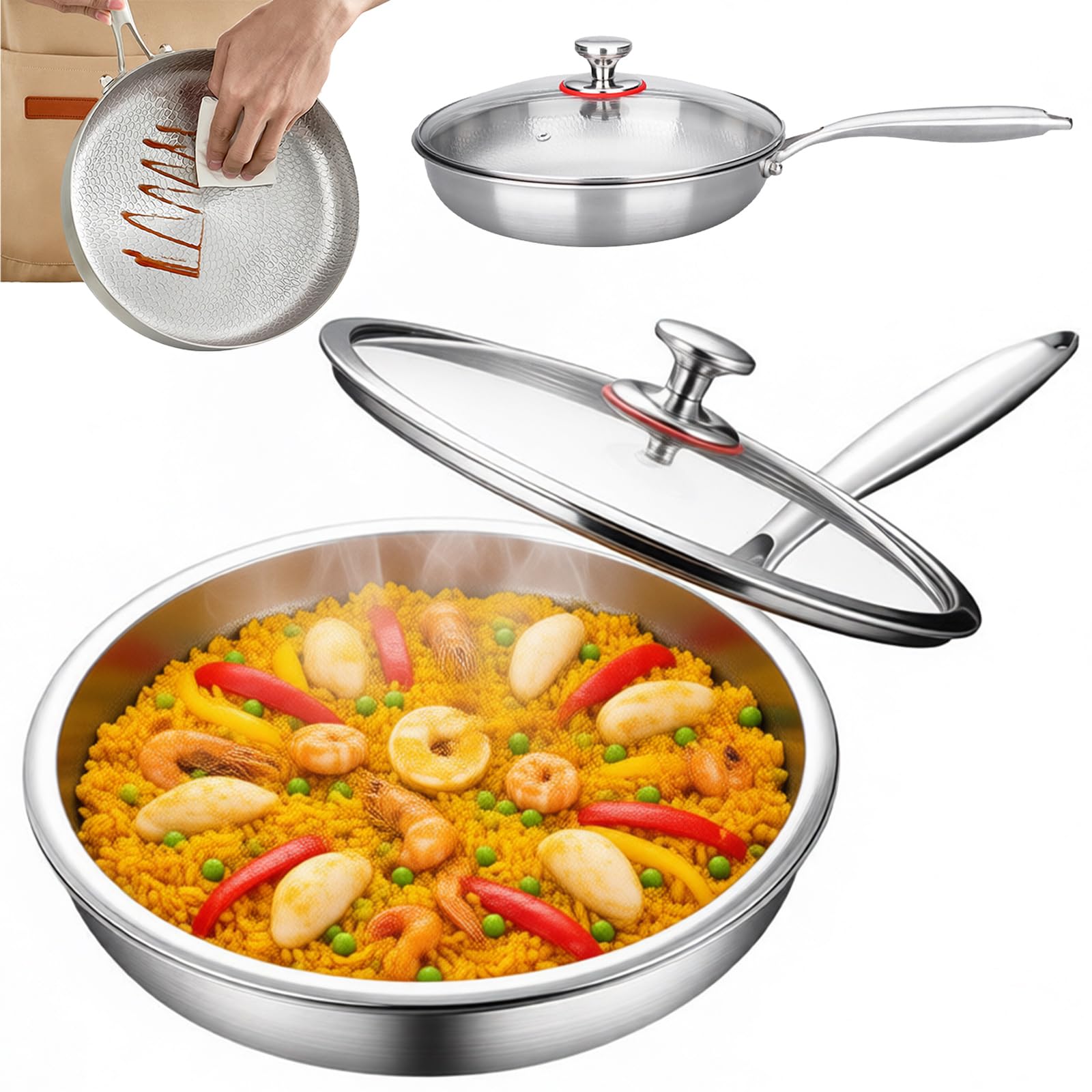 Sartén Titanio Puro, Sartén de Titanio Antiadherente Sin Tóxicos 20-30 cm, Ultraduradera Sartenes de Titanios Inducción, Base Martillada con Tapa para Todo Tipo de Cocinas (20cm Versión mejorada)