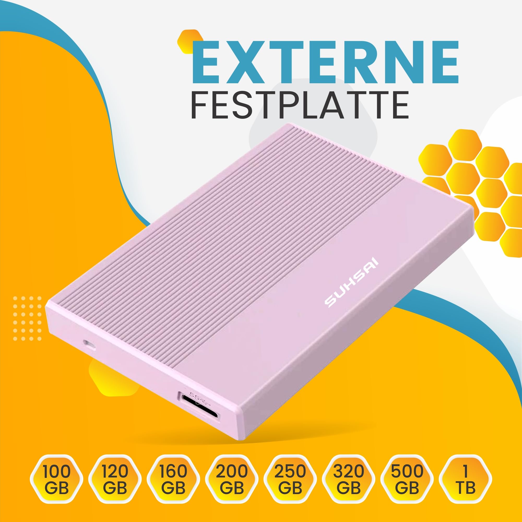 SUHSAI Externe Festplatte, 1 TB, Externe Festplatte, Backup-Laufwerk, USB 3.0, Hochgeschwindigkeits-Datenübertragungsfestplatte, kompatibel mit Mac, Laptop, Desktop-Spielekonsole - Pink - 2