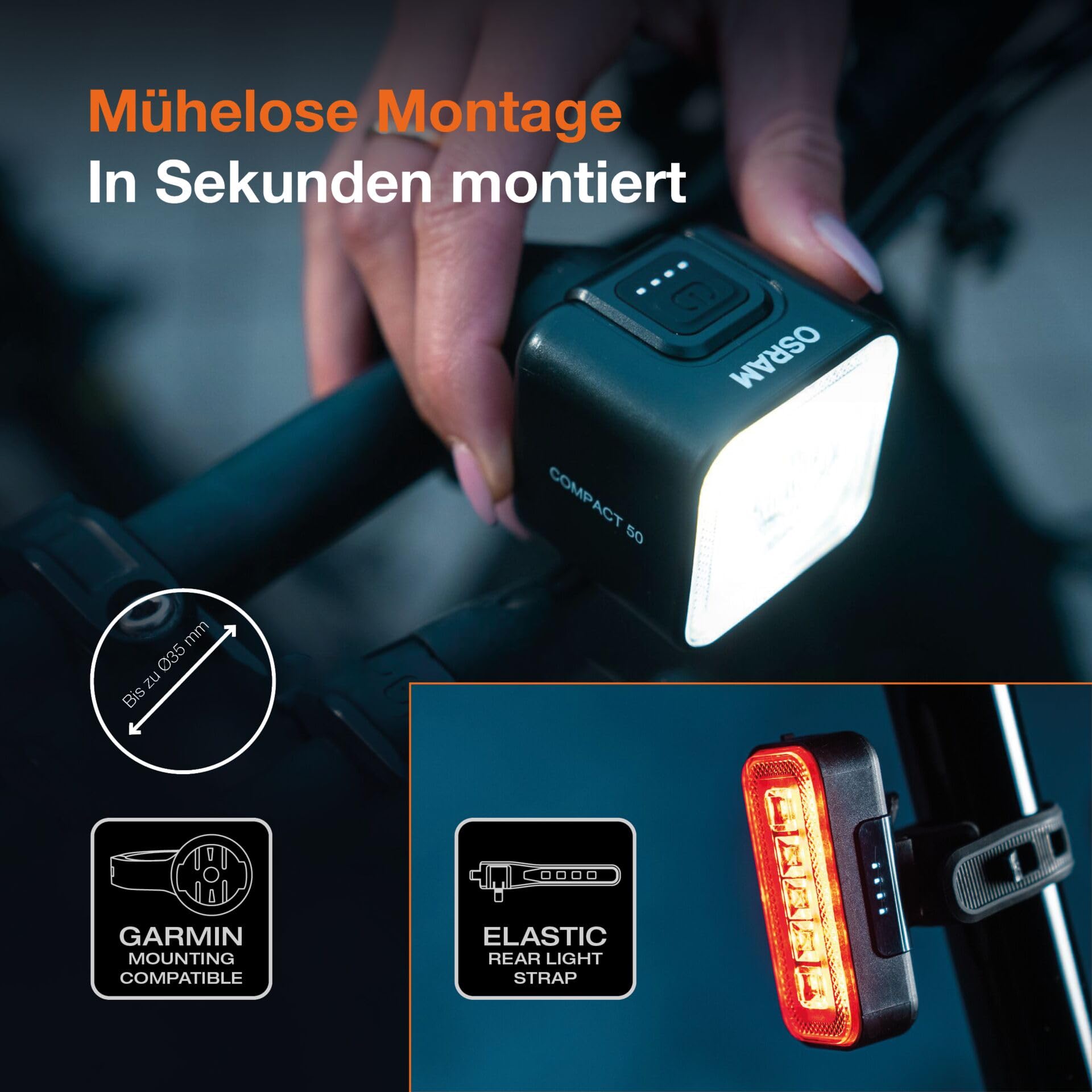 OSRAM LEDsBIKE COMPACT 50 Set, wiederaufladbares Fahrradlicht-Set – Vorder- und Rücklicht, StVZO-geprüft, Garmin-kompatible Halterun, DREI Beleuchtungsmodi, 50 Lux
