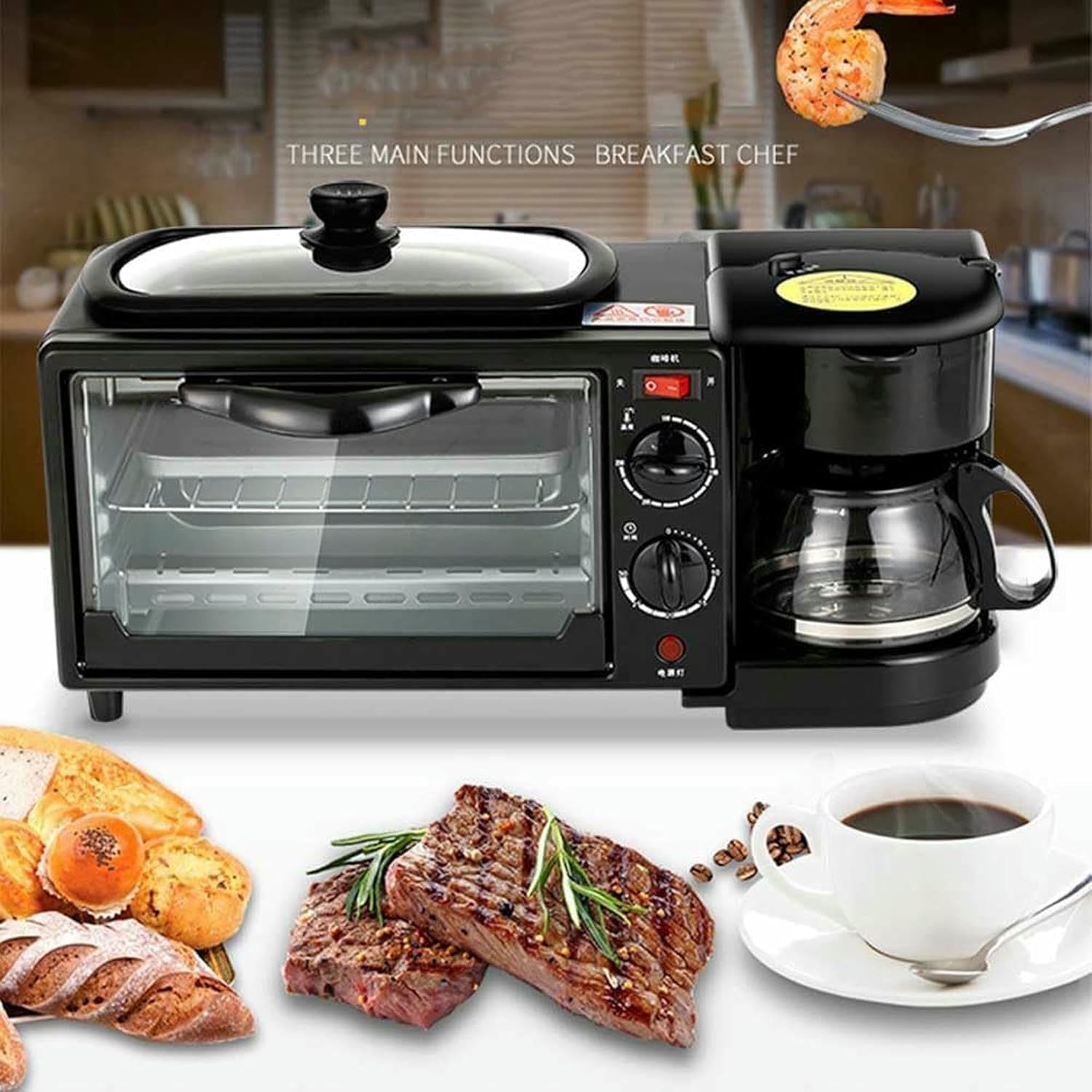 3-in-1 Versatile Breakfast Maker, Includes Coffee Maker, Non-Stick Griddle, and 4-Slice Toaster Oven, for Apartments Kitchenettes