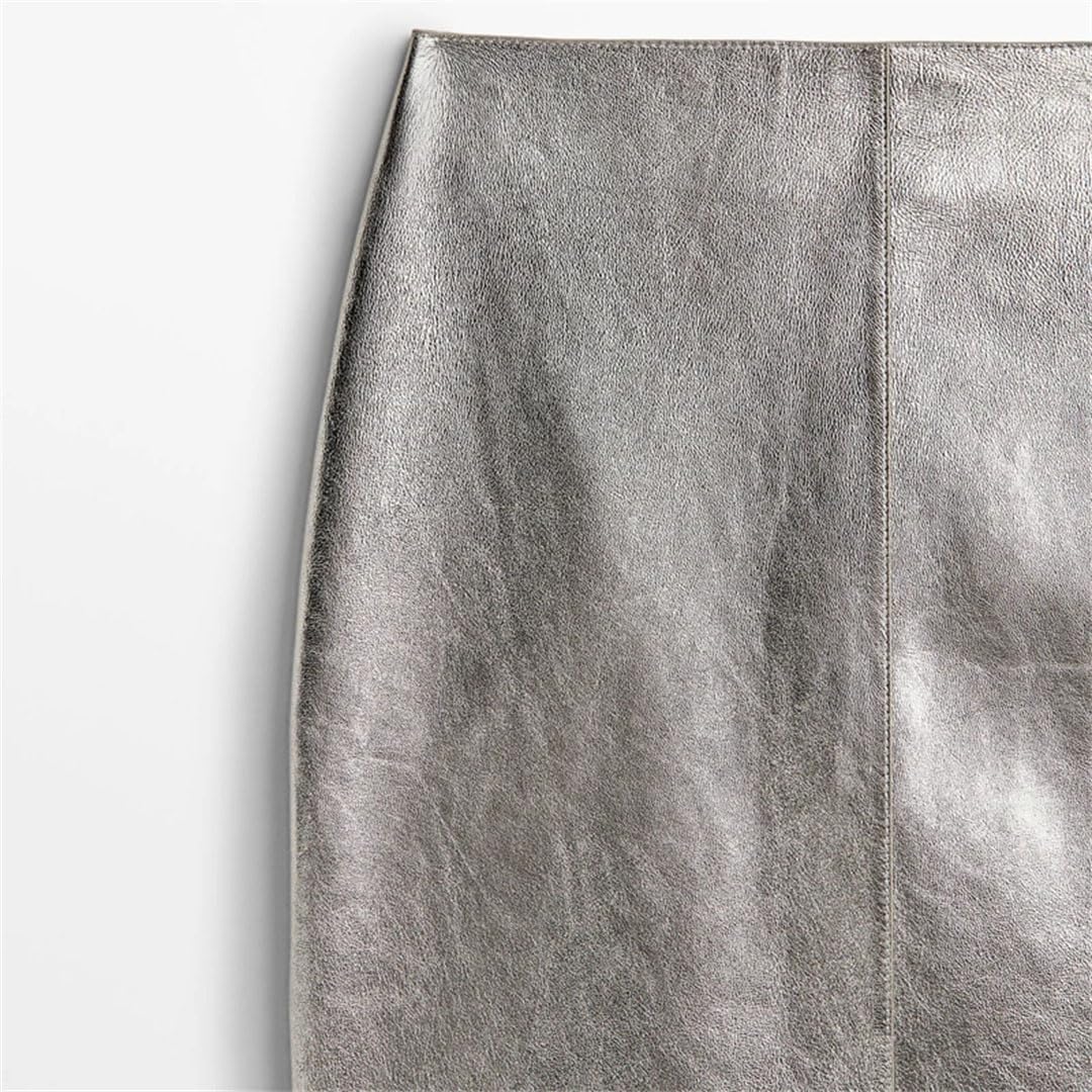 Damska skórzana srebrna spódnica midi Slim Fit Metal Gloss Brillant Sheepskin Short Wrap