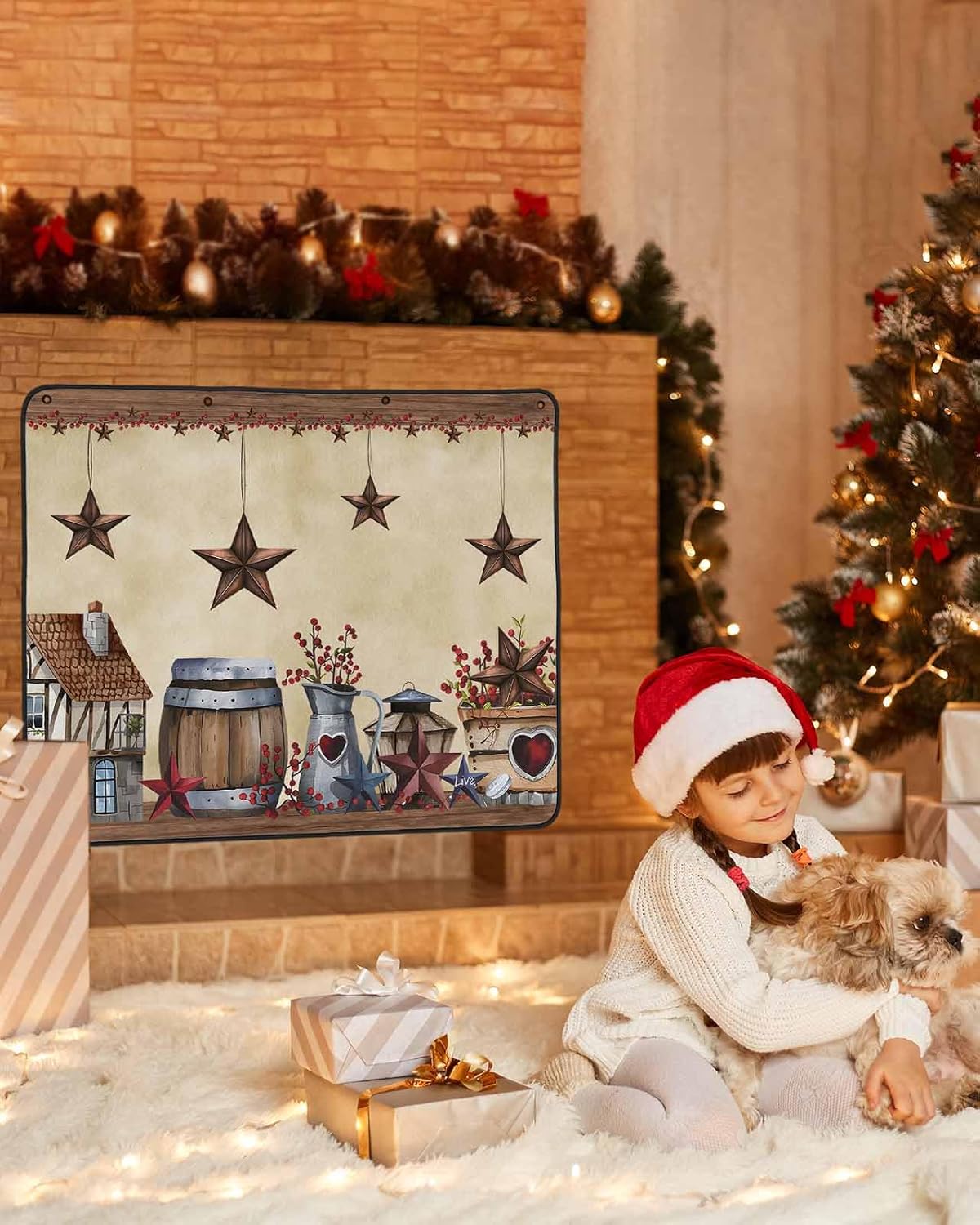 Magnetic Fireplace Cover Farm Star Barn Fireplace Screen Decorative Red Berry Vintage Insulation Fireplaces Blocker Blanket Save Energy Fireplaces Draft Stopper Covers for Living Room 36x30 Inch