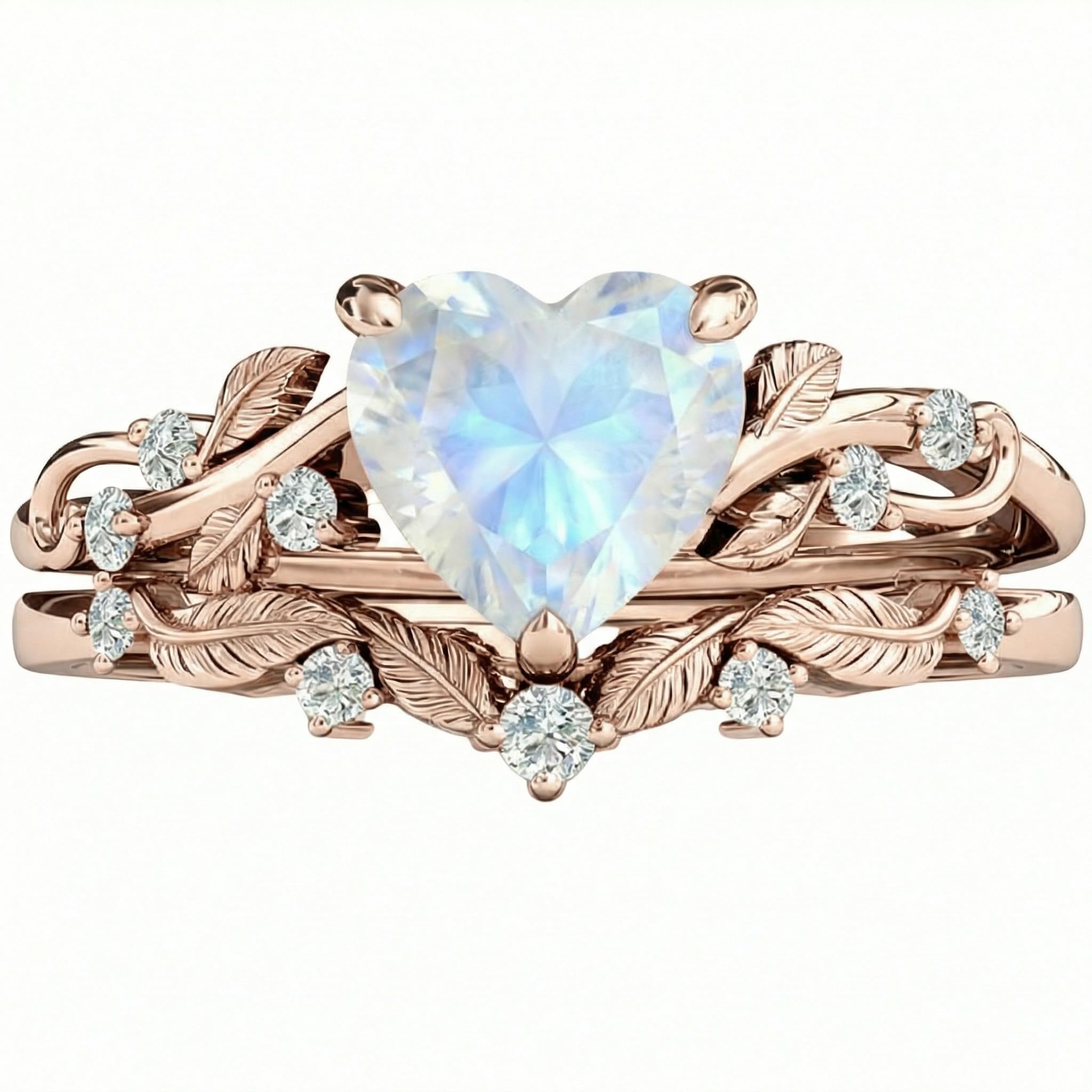SILACETE 10K 14K 18K Gold Herz Geburtsstein Verlobungsring Set für Damen Blatt Art Deco Ring Herzschliff Vintage Ranke Geburtsstein Braut Hochzeits Versprechen Ring Set Größe4~15