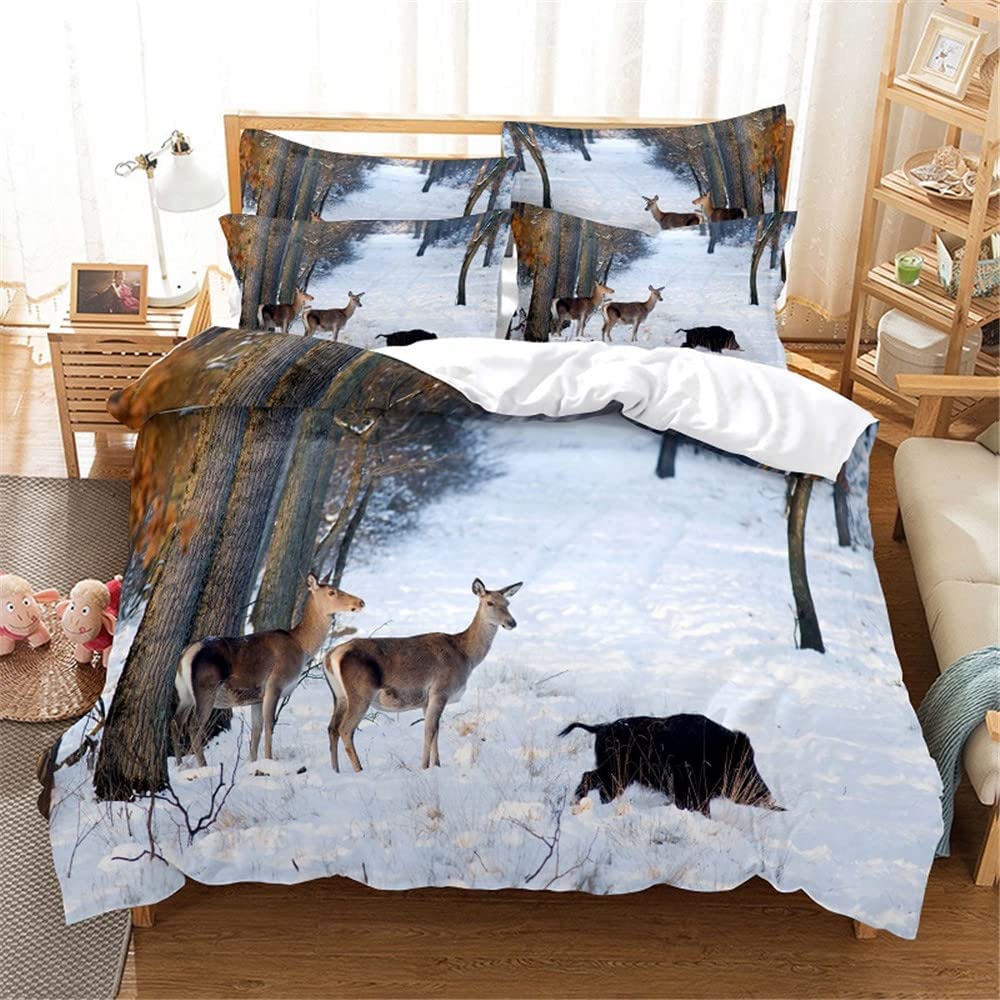 OPQ6188 Pościel 200 x 220 cm, śnieżna scena, poszewka na kołdrę 3D, zestaw pościeli 200 x 220 cm + 2 poszewki na poduszkę z zamkiem błyskawicznym
