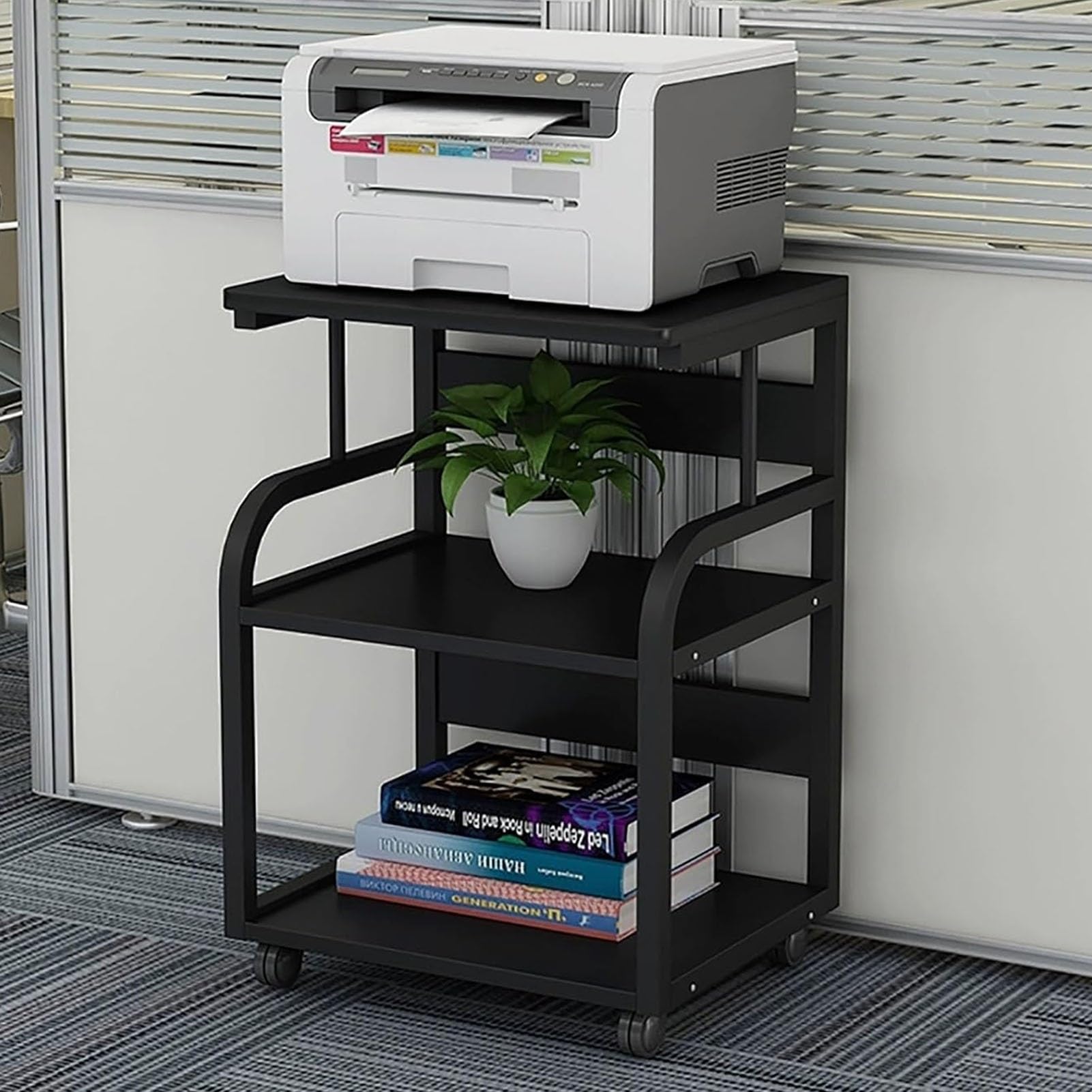 Carrello multifunzione per stampante su ruote, ripiano a 2/3/4 ripiani per forniture per ufficio, supporto per stampante resistente, elegante bianco e noce, perfetto per uso domestico e ufficio