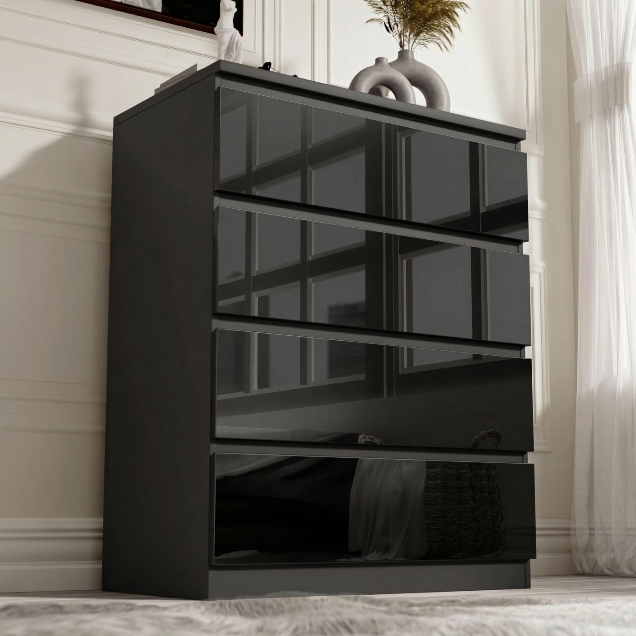 Blisswood High Gloss Chest of Drawers, 4 Drawer Bedroom Chest of Drawers, Chest of Draws Tall Dresser Bedside Table Storage Cabinet for Living Room Office Hallway Furniture, Black, 40Dx 70Wx 95.5Hcm