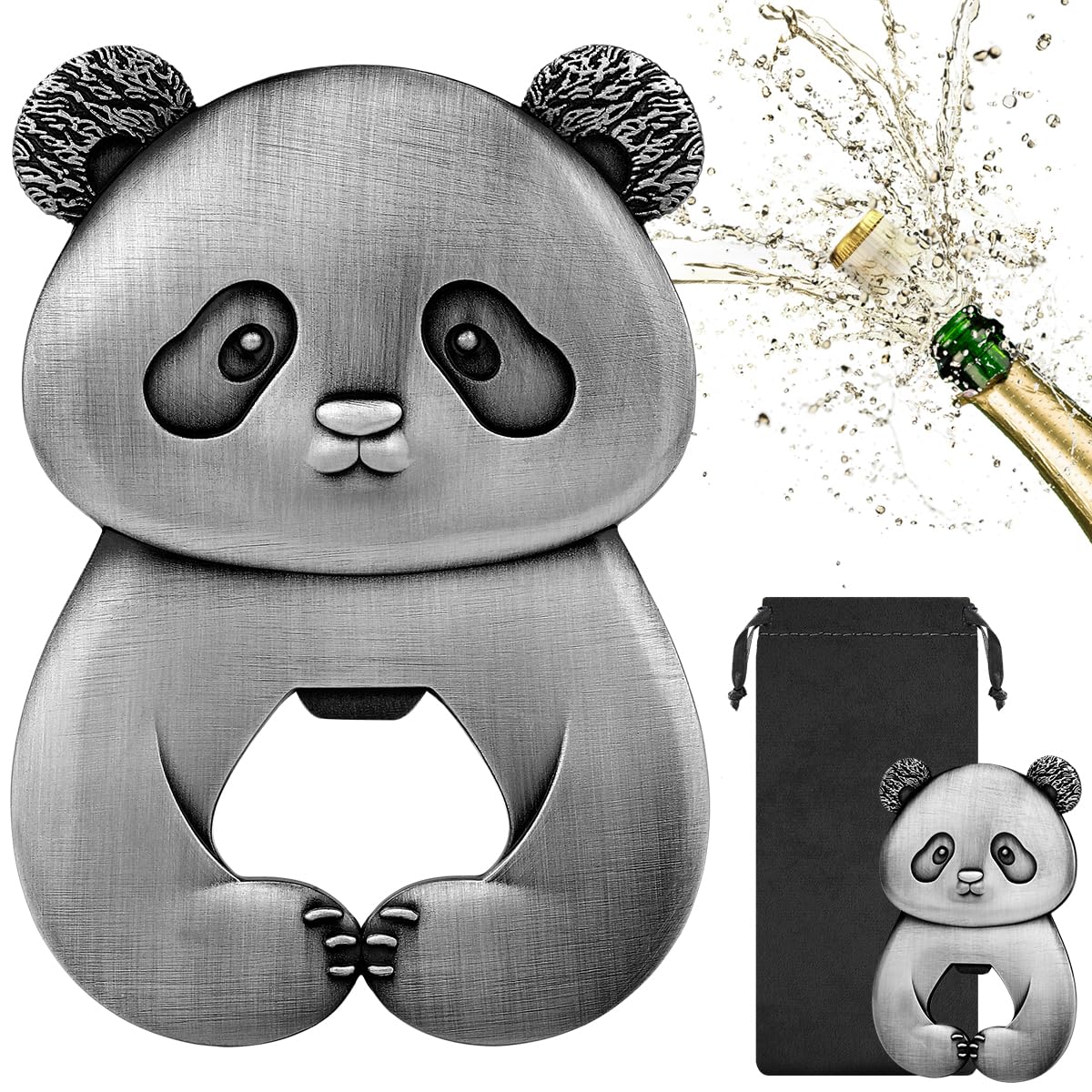 Cute Panda Bottle Opener, Beer Bottle Opener with Gift Bag, Panda Beer Opener, Unique Beer Gift for Men, Novelty Father's Day Gift, Birthday Gift for Women, Dark Silver