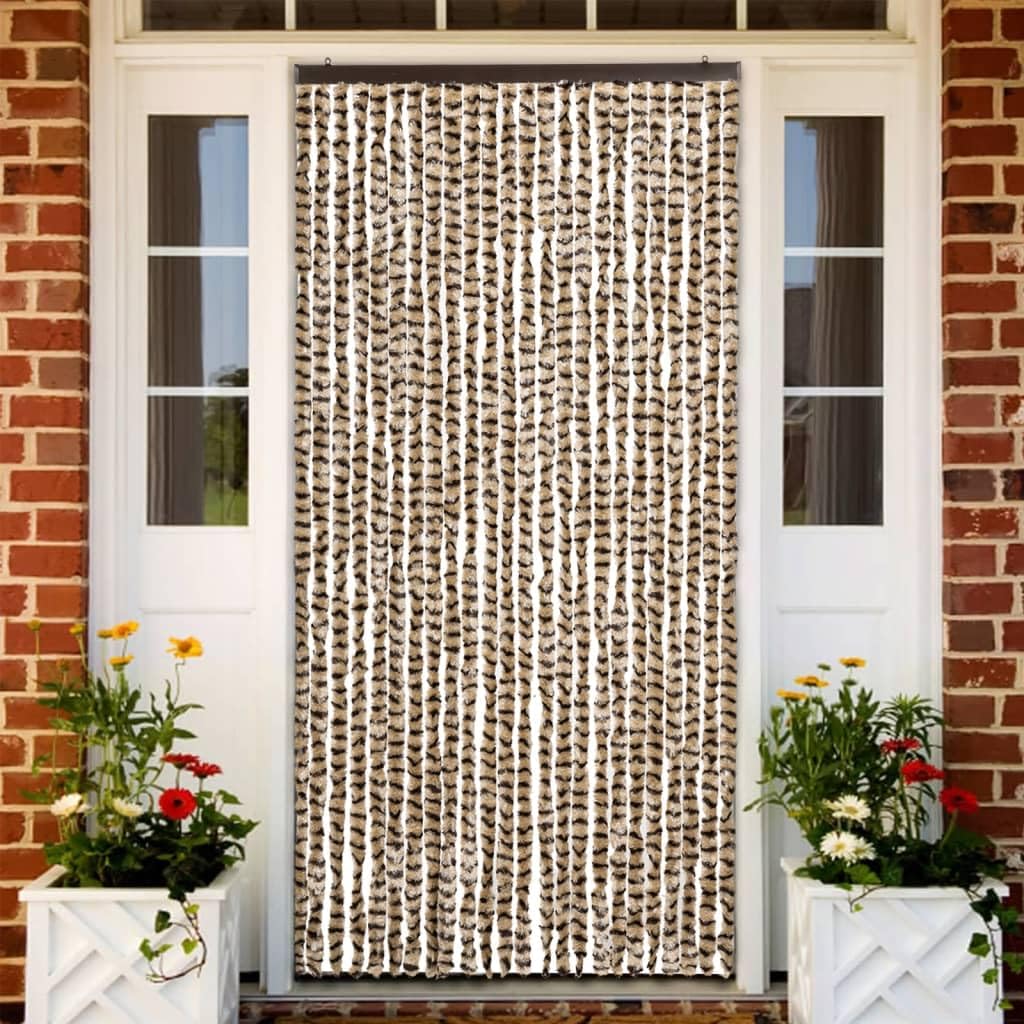 Insektenschutzvorhang Chenille Flauschvorhang Beige Braun 100x220cm Fliegengorhang Streifenvorhang Moebelwagen Tuer Balkontuer Wohnmobil Wohnwagen
