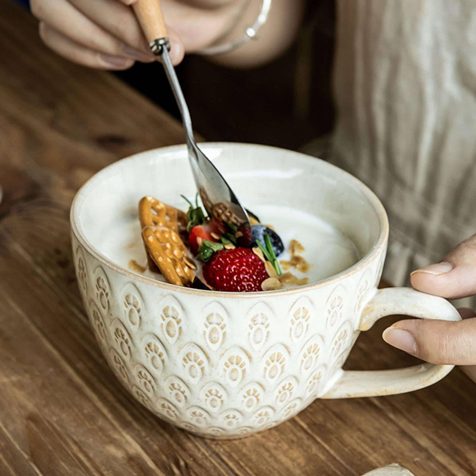 Bol à nouilles en céramique, Bol de nouilles instantanées en céramique, tasse à café Vintage 500ml, soupe avec poignée, petit bol déjeuner for crème glacée(White)