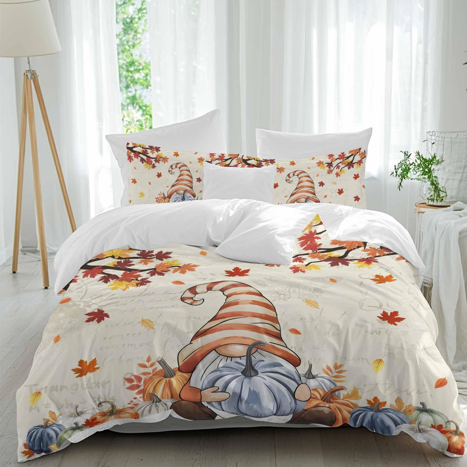 Queen Fall Gnomes Duvet Cover Set Washed Soft Microfiber Bed Comforter Duvet Cover Sets with Ties Zipper Bedding