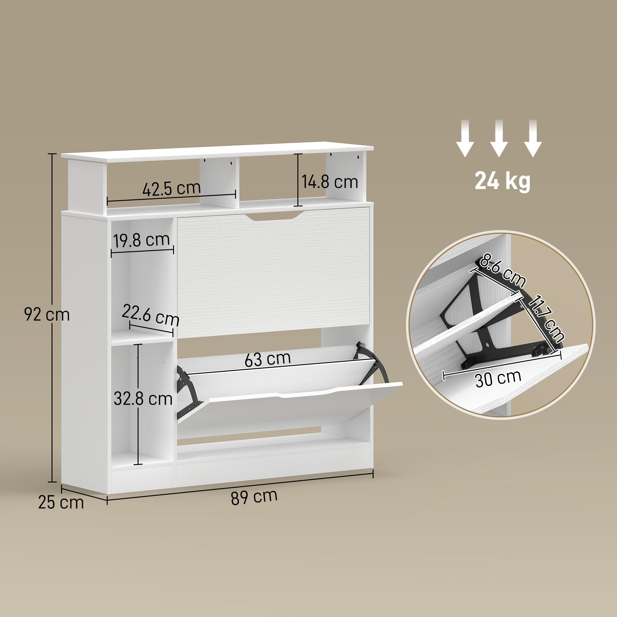 HOMCOM Scarpiera Salvaspazio Slim con 2 Ante a Ribalta, Scarpiera Ingresso con Ripiani Regolabili Rimovibili, Ripiani Aperti, Scomparto Laterale, Porta Scarpe in Legno con Maniglia, Bianco
