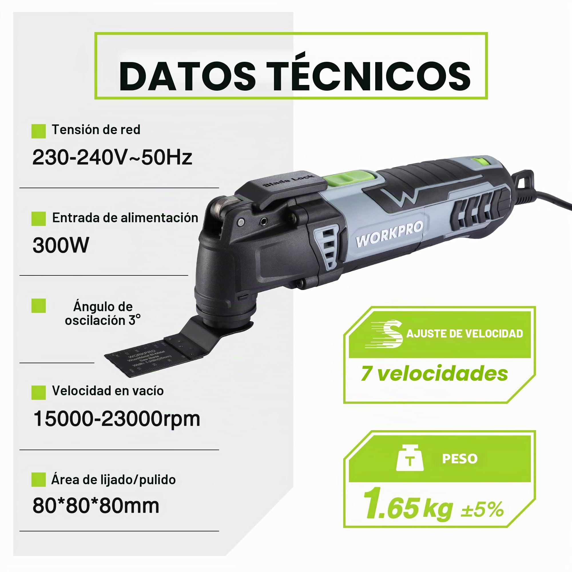 WORKPRO - Herramienta multifunción oscilante, 300 W, 7 velocidades ajustables, 17 accesorios, ángulo de oscilación de 3°, mecanismo de cambio rápido de hoja para aserrar, raspar, moldear, pulir