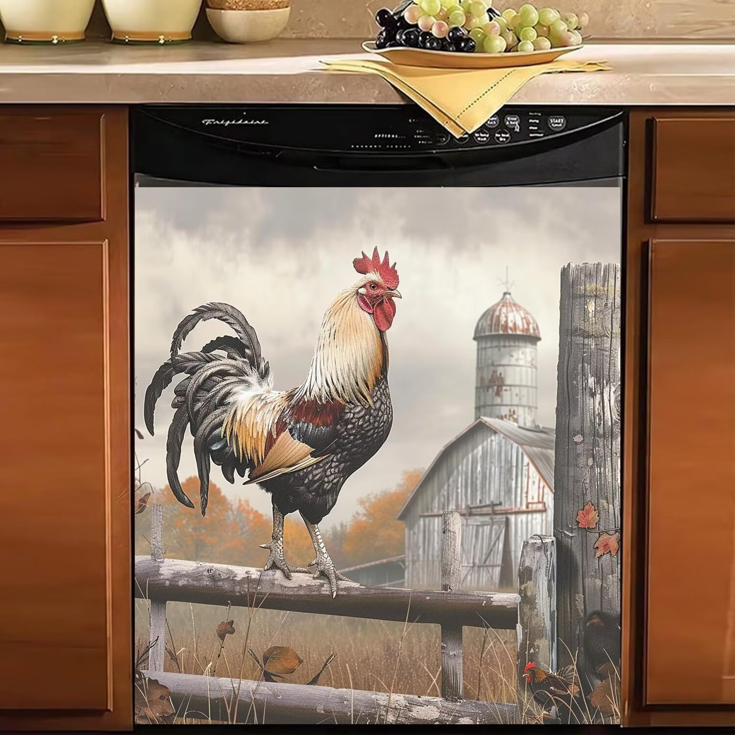 Vintage Rooster Magnetic Dishwasher Cover,Farmhouse Chicken Dishwasher Magnets Decal,Country View Sticker Refrigerator Decorative Cover,Fridge Magnet Decals for Appliance Kitchen Decor 23x26
