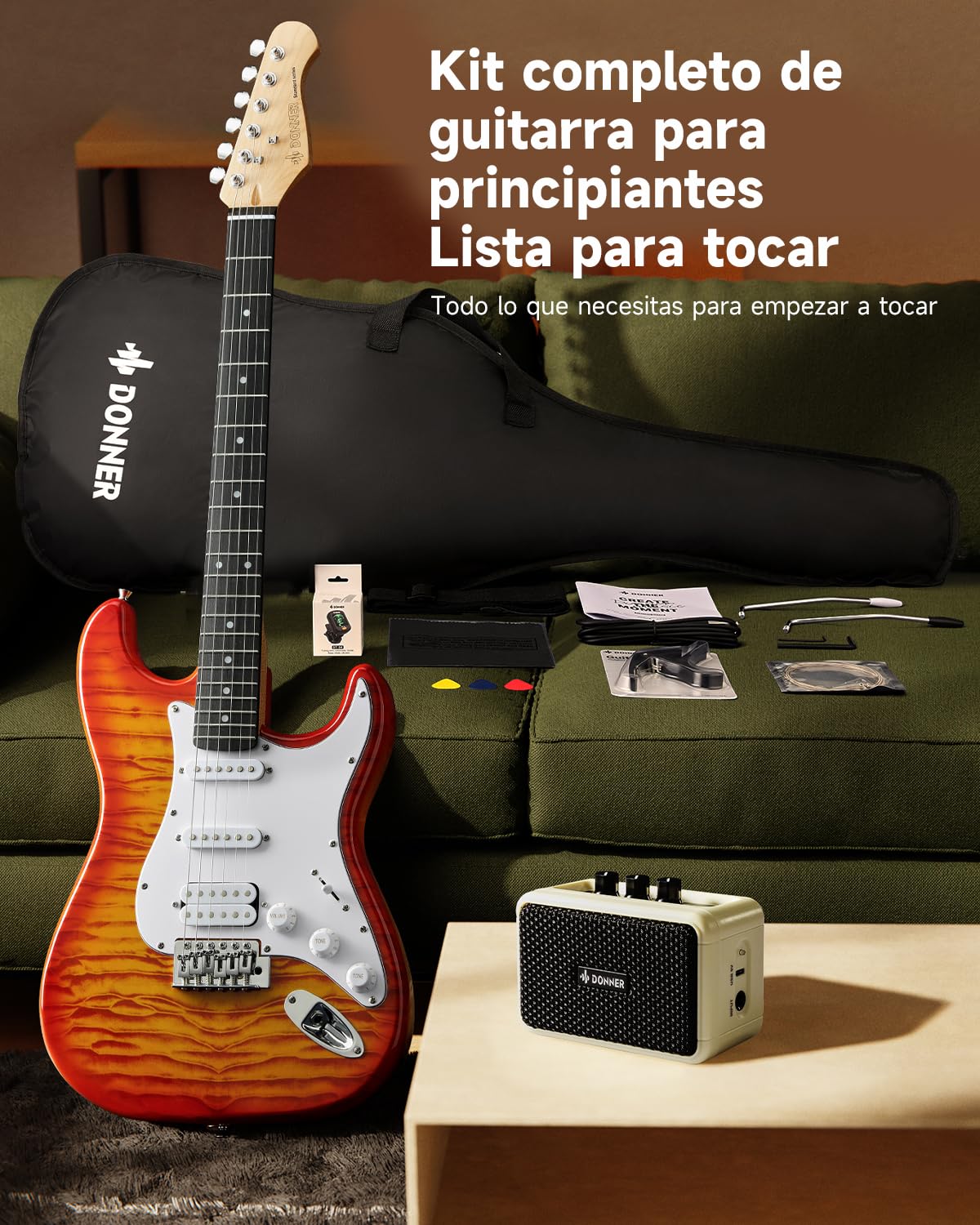 Donner DST-90 Chitarra Elettrica 39 Pollici, Kit Chitarra Elettrica per Principianti con Amplificatore, Pickup HSS, Custodia, Accordatore, Capotasto, Tracolla, Corde, Cavo e Plettri, Icetea Burst