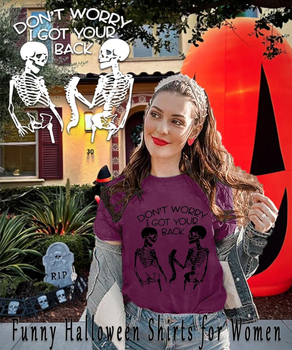 Womens Novelty T Shirts Don't Worry I Got Your Back Funny Halloween Shirts Horror Skull Printed Graphic Tee Tops - Image 4