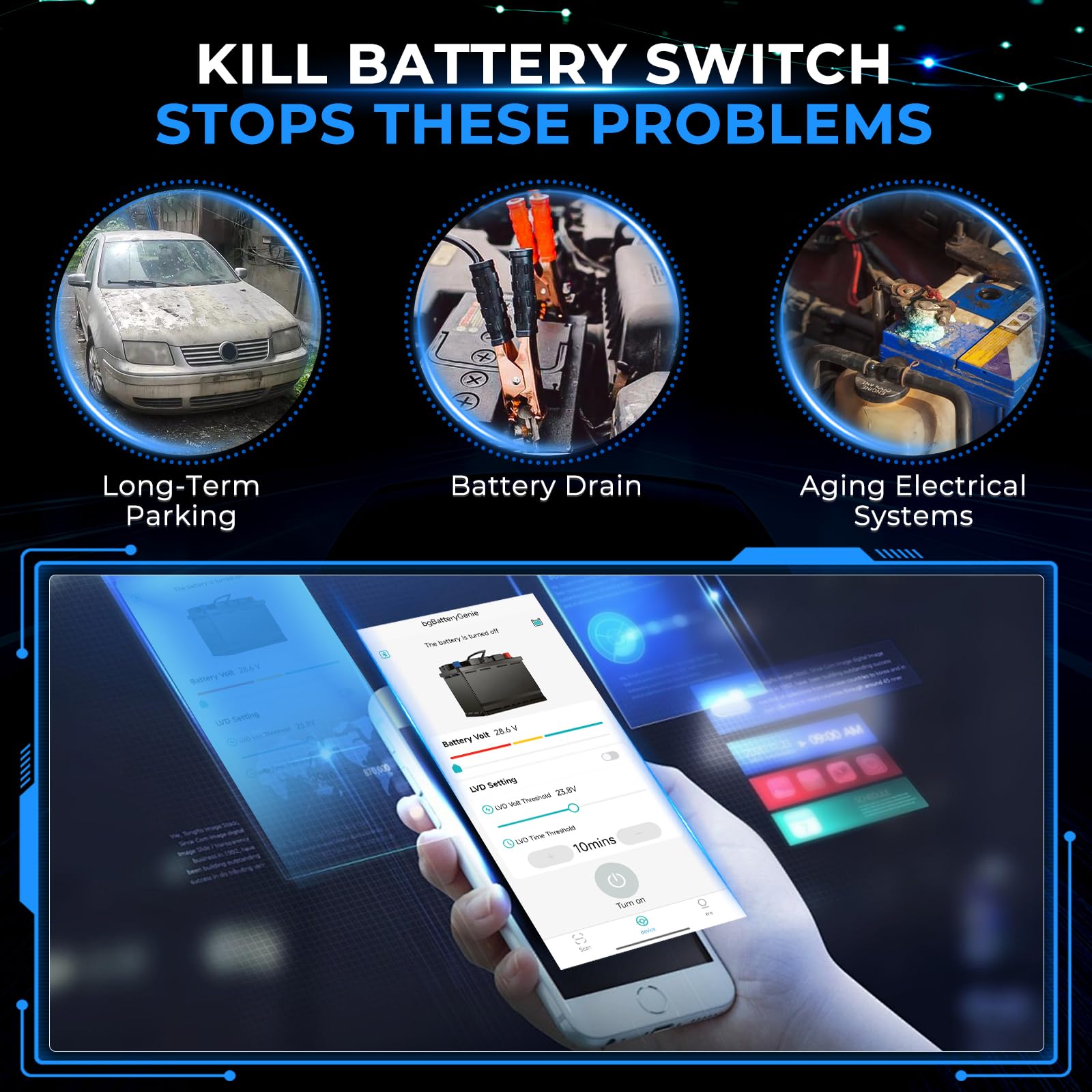 GEARMONSTER Smart, bezprzewodowy, zdalnie sterowany wyłącznik samochodowy, 12 V, 240 A, odłącznik z wyświetlaczem LED napięcia i sterowaniem za pomocą aplikacji, przekaźnik wyłączający do samochodów