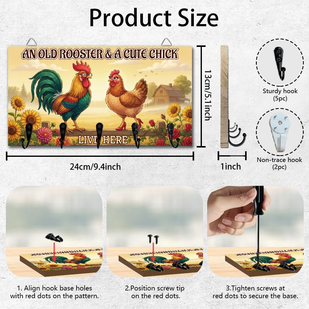 Rooster Hen Fun Chickens Farm Key Holder with 5 Hooks Wall Mounted Wooden Keys Storage Racks House Key Organizer Hanger for Wall Decor Door Entryway Hallway Kitchen New Home Gift