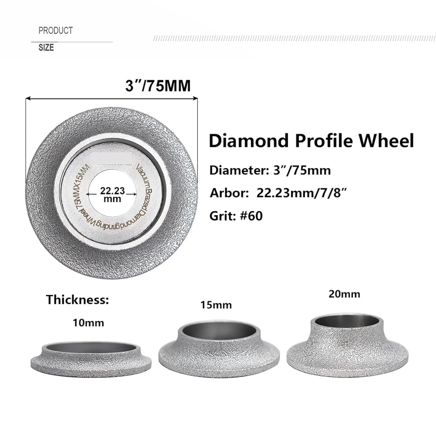 1PC Diamond Grinding Wheel Vacuum Brazed Demi-bullnose Edge Profile Diameter 3 Inches/75mm Grinding Disc Diamond Wheel(20MM)