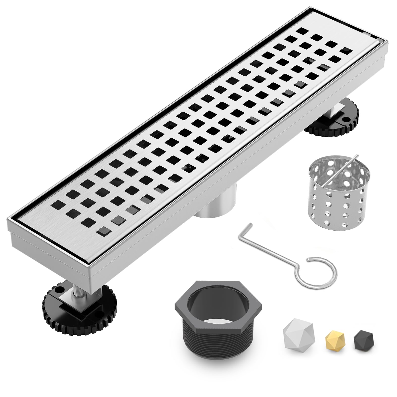 Photo 1 of Linear Shower Drain | 12 Inch AISI 304 Stainless Steel Shower Drain, Brushed Nickel Linear Drain with Removable Quadrato Grate Cover & Adjustable Feet, Rectangle Floor Drain, in Bathroom Balcony etc