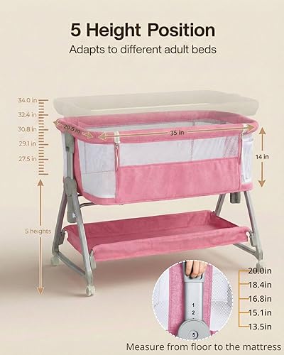 Miniatura 8 de Cuna para bebé junto a la cama con ruedas, moisés portátil de 3 en 1 para bebé niña, cuna de dormir lateral ajustable con malla transpirable y