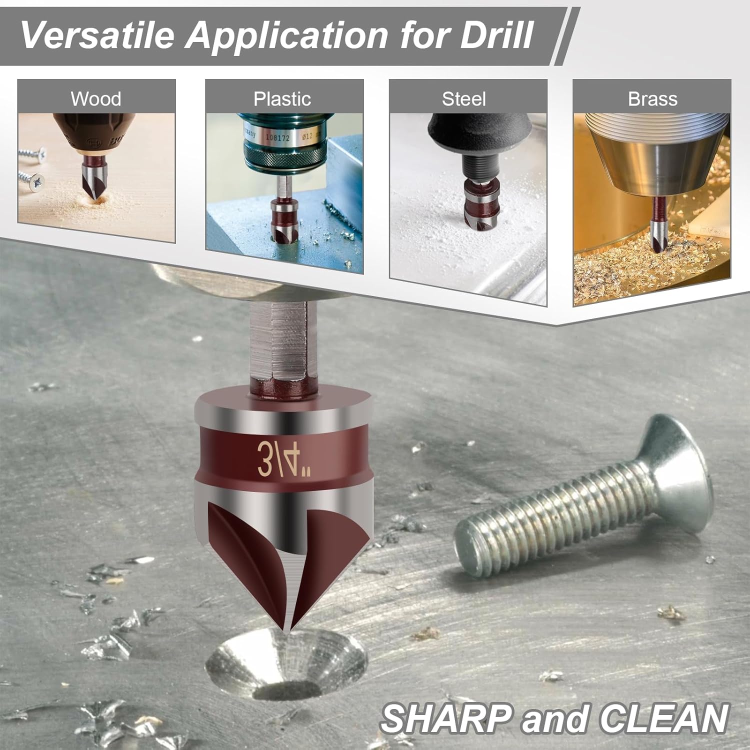 5PCS Countersink Drill Bit Set, 82 Degree HSS Counter Sink Drill Bits for Wood, Metal, Plastic, 1/4"-3/4" with 1/4" Hex Shank Countersink Bit Set