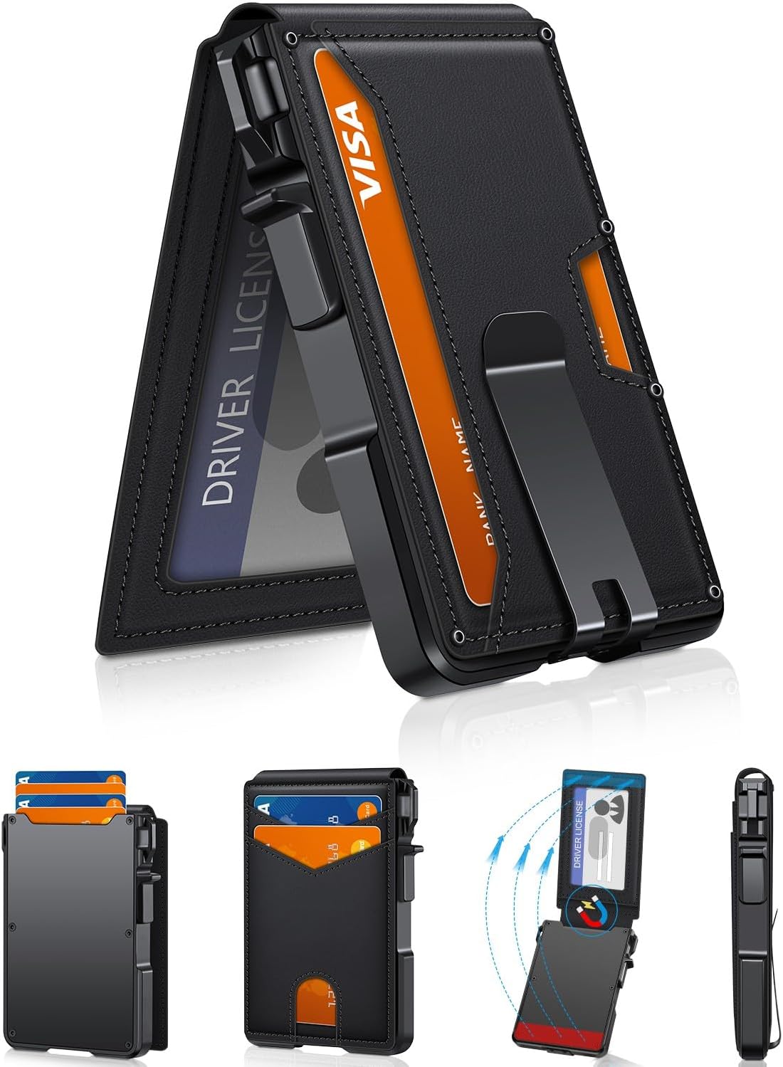Men's Minimalist Wallet with Money Clip & ID Window - RFID Blocking Smart Pop Up Card Holder for 9-13 Cards - Slim Compact Metal Aluminum Leather Bifold Wallet
