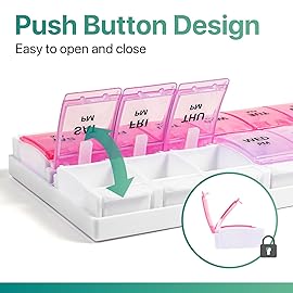 Sukuos AM PM Weekly Pill Organizer 7 Day, 2 Times A Day Medicine Pill Box with Easy Push Button, BPA Free Vitamin Cases for Fish Oil/Supplements, Easy to Clean (Purple&Pink)