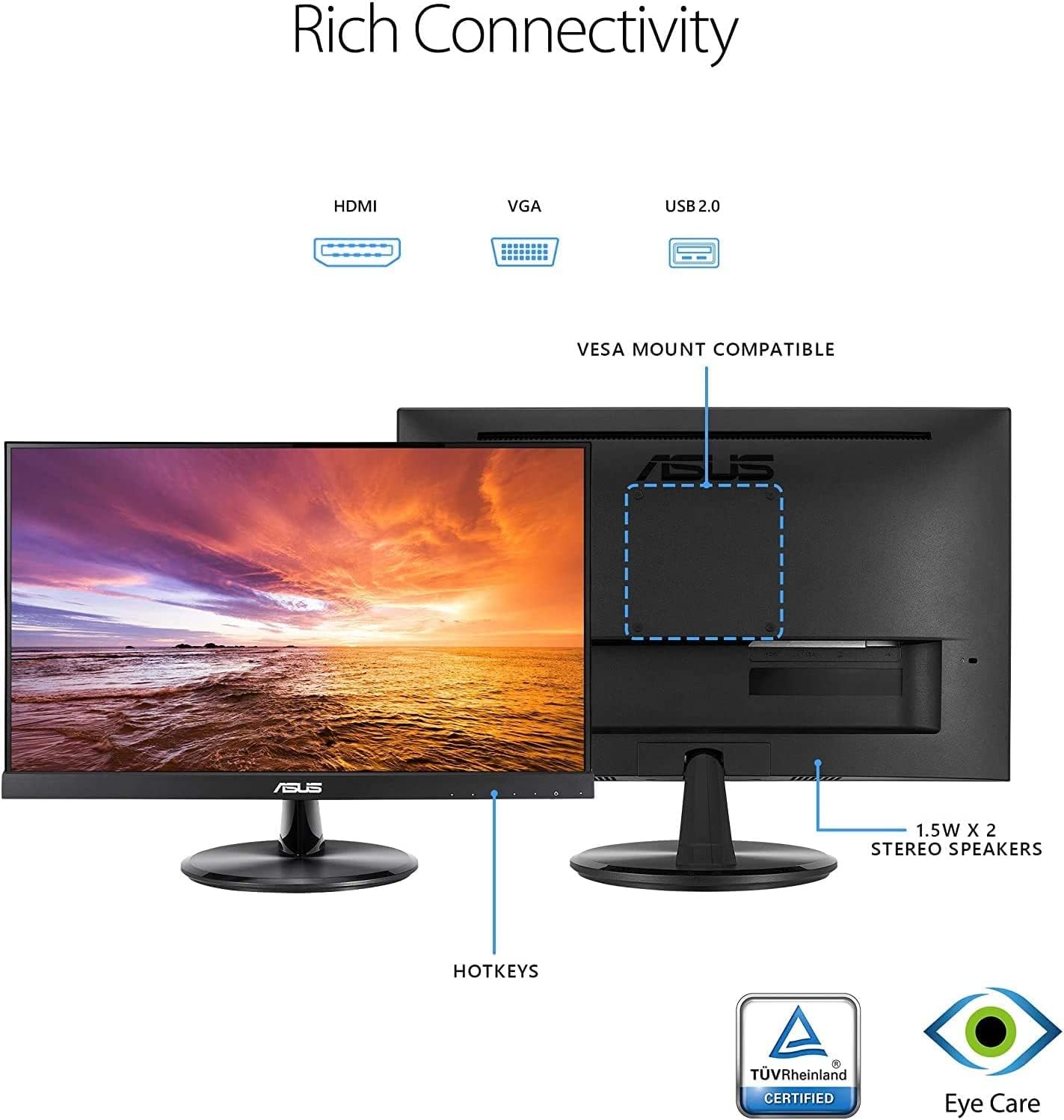 ASUS VT229H 21.5 Monitor, FHD, 1920 x 1080, IPS, 10-point Touch Monitor, HDMI, Flicker Free, Filtro Luce Blu, Certificazione TUV