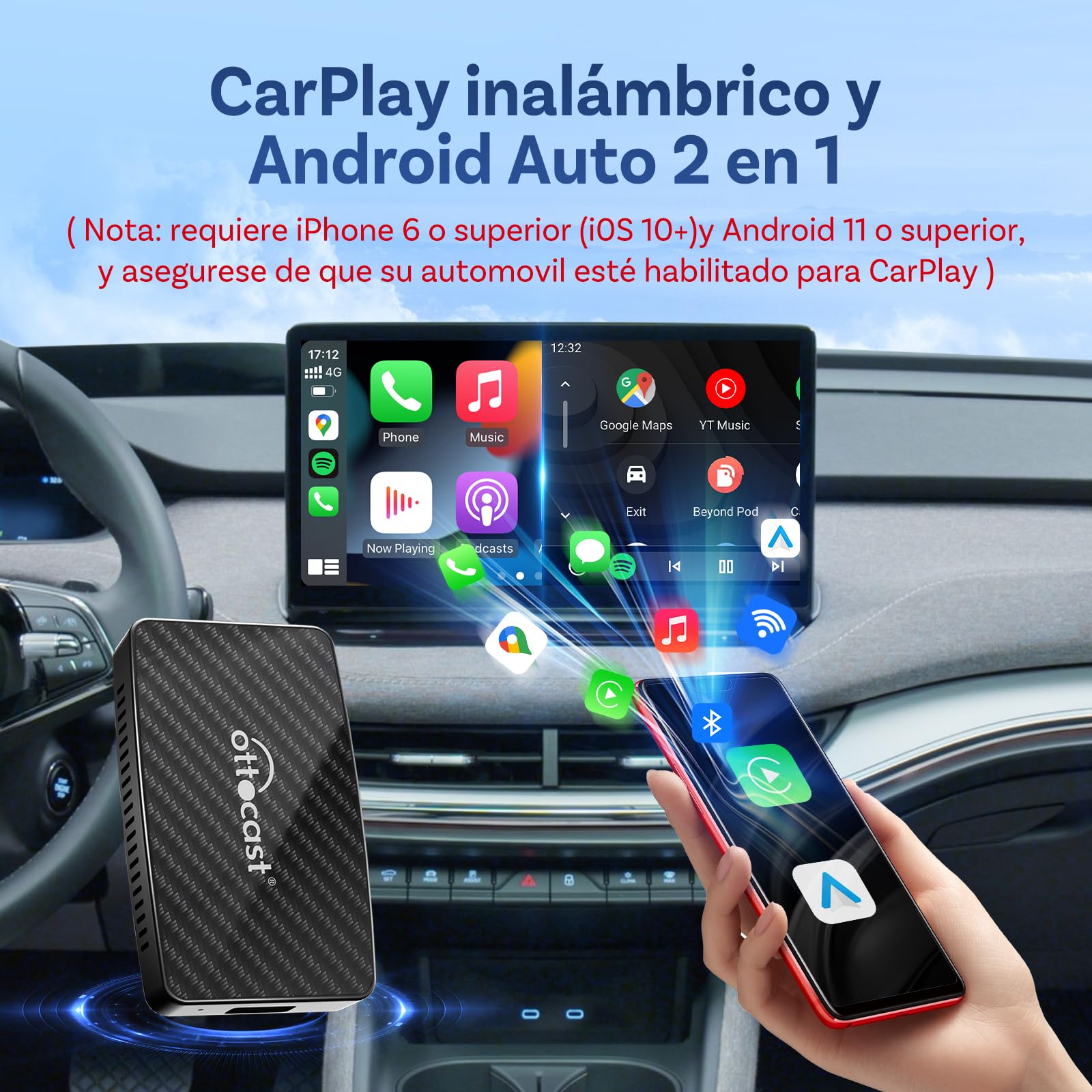 Ottocast Play2Video Pro, Adaptador inalámbrico CarPlay y Android Auto para Autos con CarPlay por Cable de fábrica, Caja Multimedia AI 2 en 1 con Netflix, Youtube, Prime Video, WiFi 5G y Bluetooth 5.0